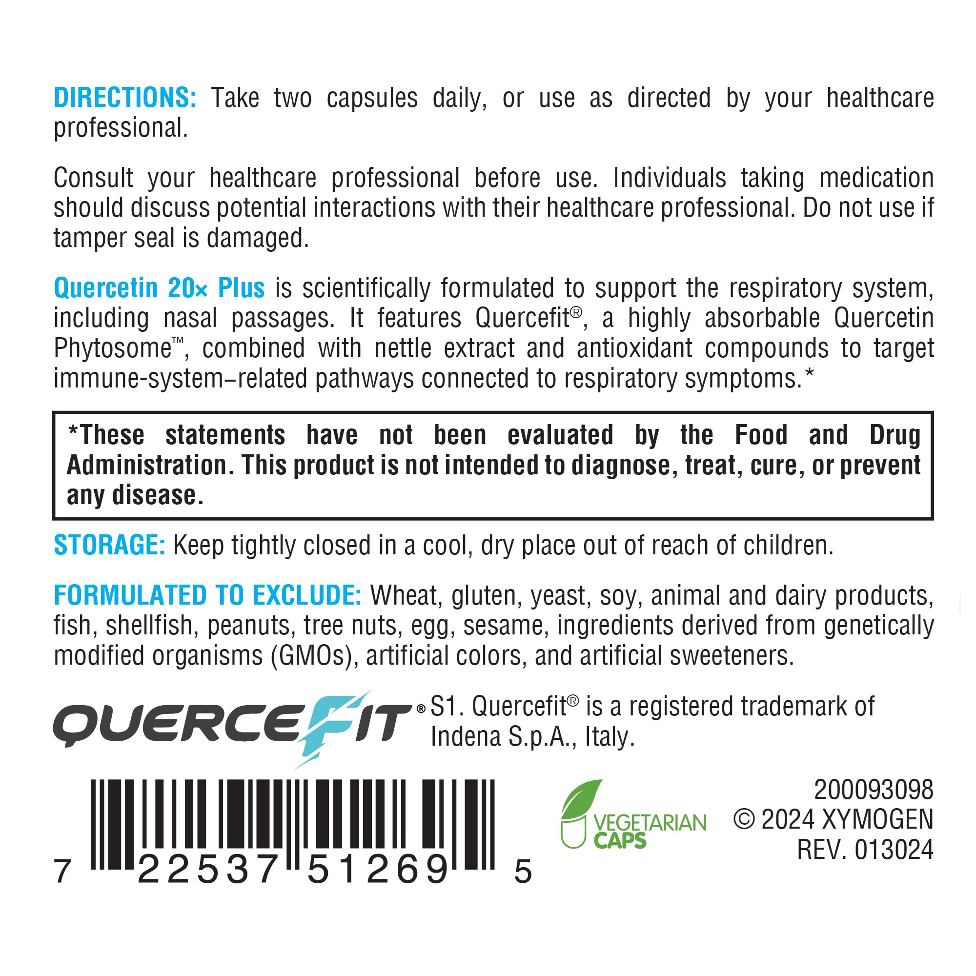 XYMOGEN Quercetin 20× Plus packaging designed for vegan and gluten-free needs.