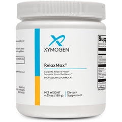 XYMOGEN RelaxMax powder tub front showing magnesium malate blend for calm mood.