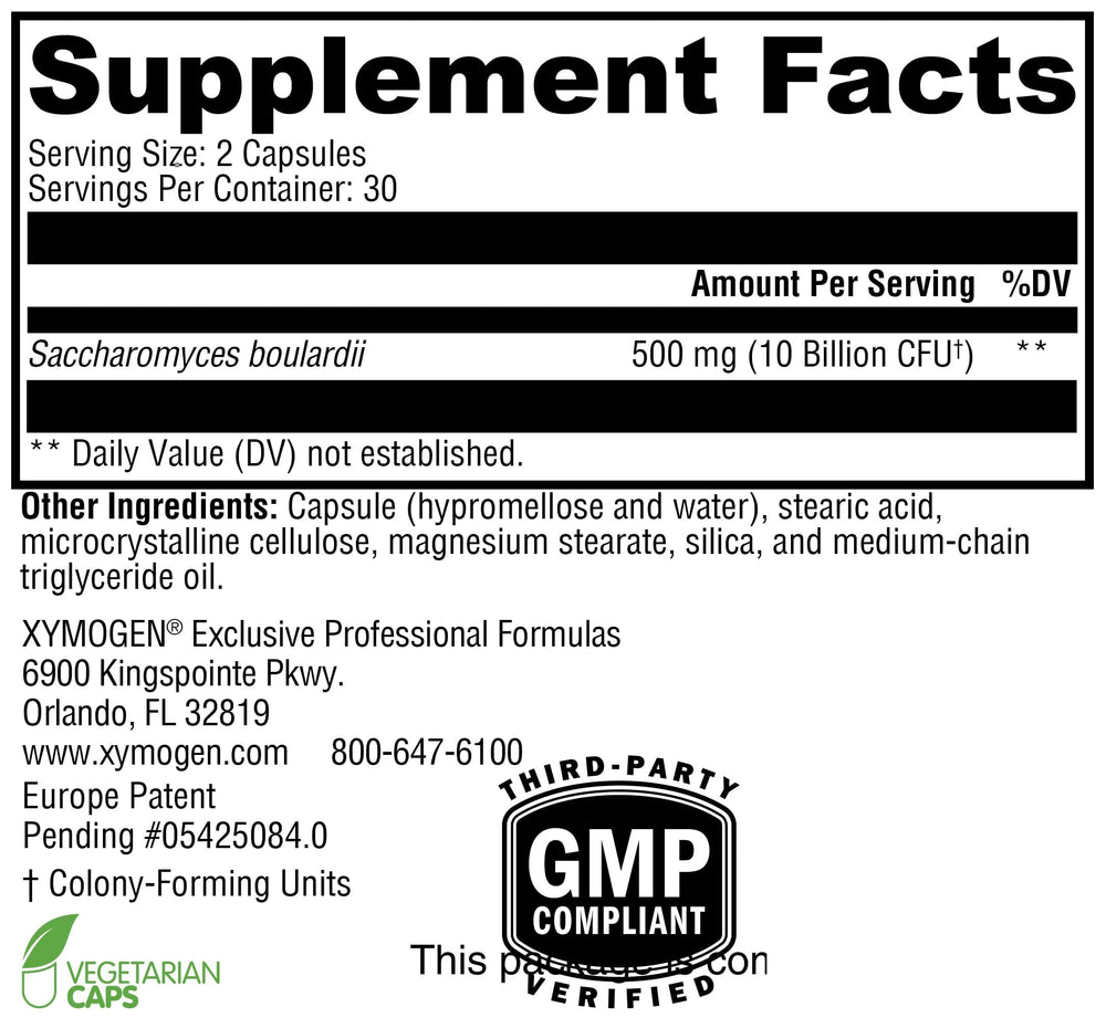 Bottle label close-up highlighting DNA-verified Saccharomyces boulardii for gut support
