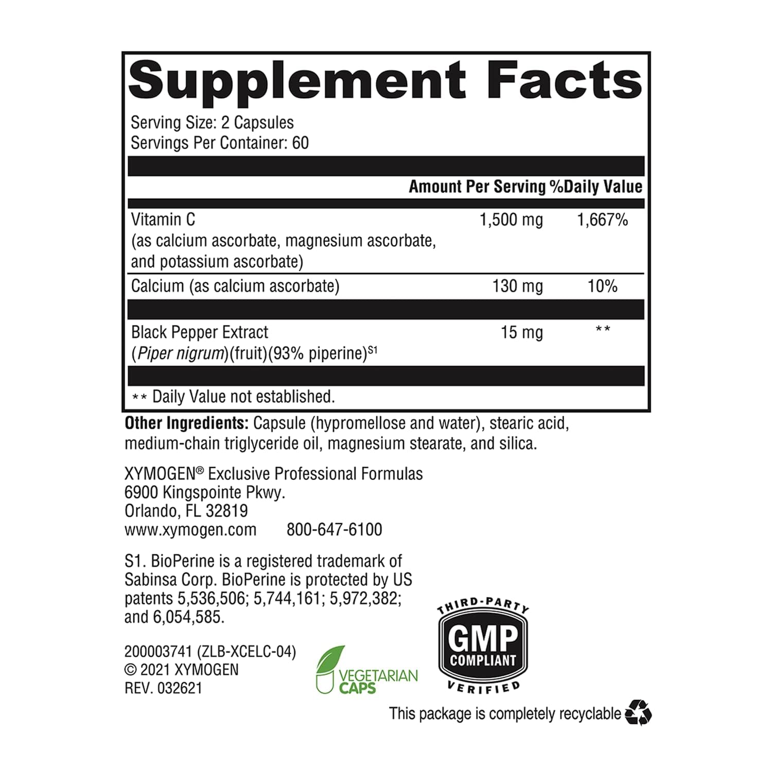XYMOGEN Xcellent C capsules closeup showing gentle-stomach vitamin C.