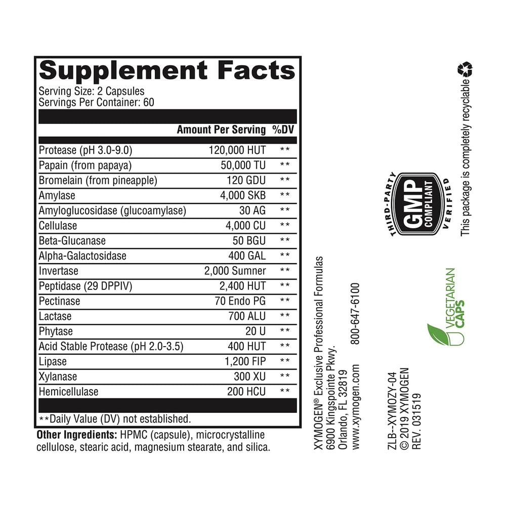 XYMOGEN XymoZyme bottle label showing acid resistance and broad enzyme spectrum.