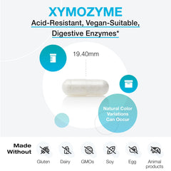 XYMOGEN XymoZyme capsules close-up showcasing plant-based enzyme blend.