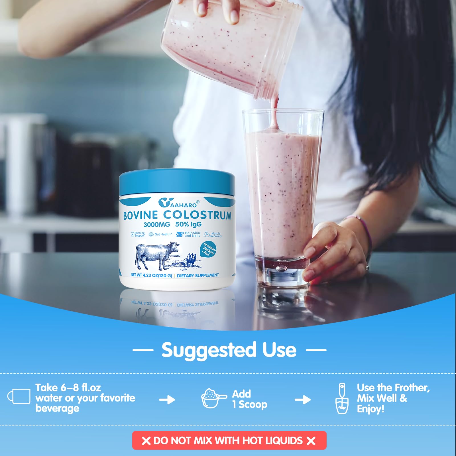 YAAHARO powder dissolving in a glass, smooth texture ready to drink.