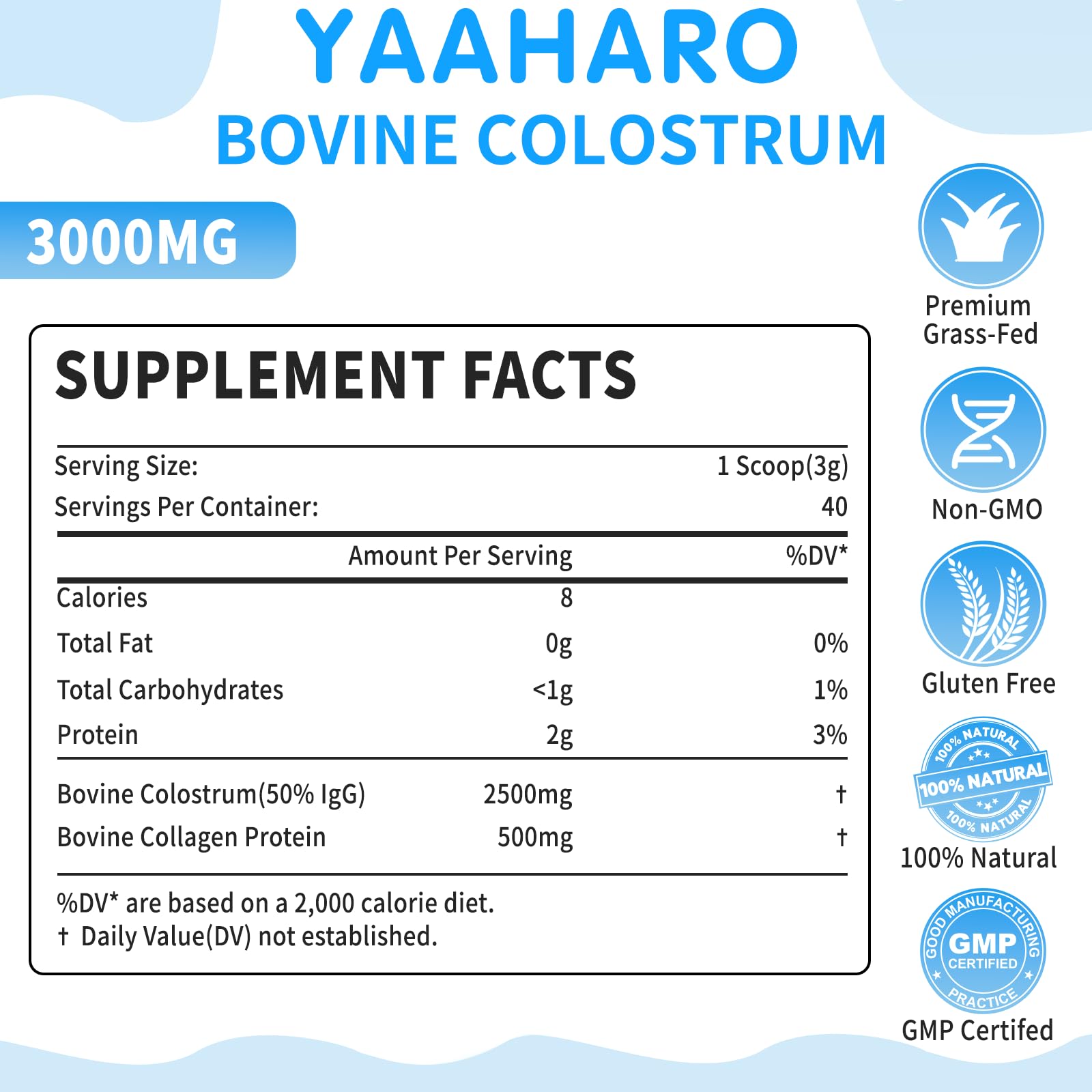 YAAHARO colostrum powder scoop beside powder, convenient daily serving.