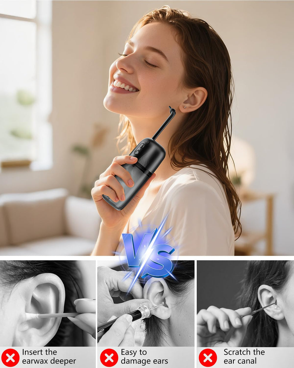 Yakbio USB charging ear cleaning tool; quick recharge for on-the-go use.