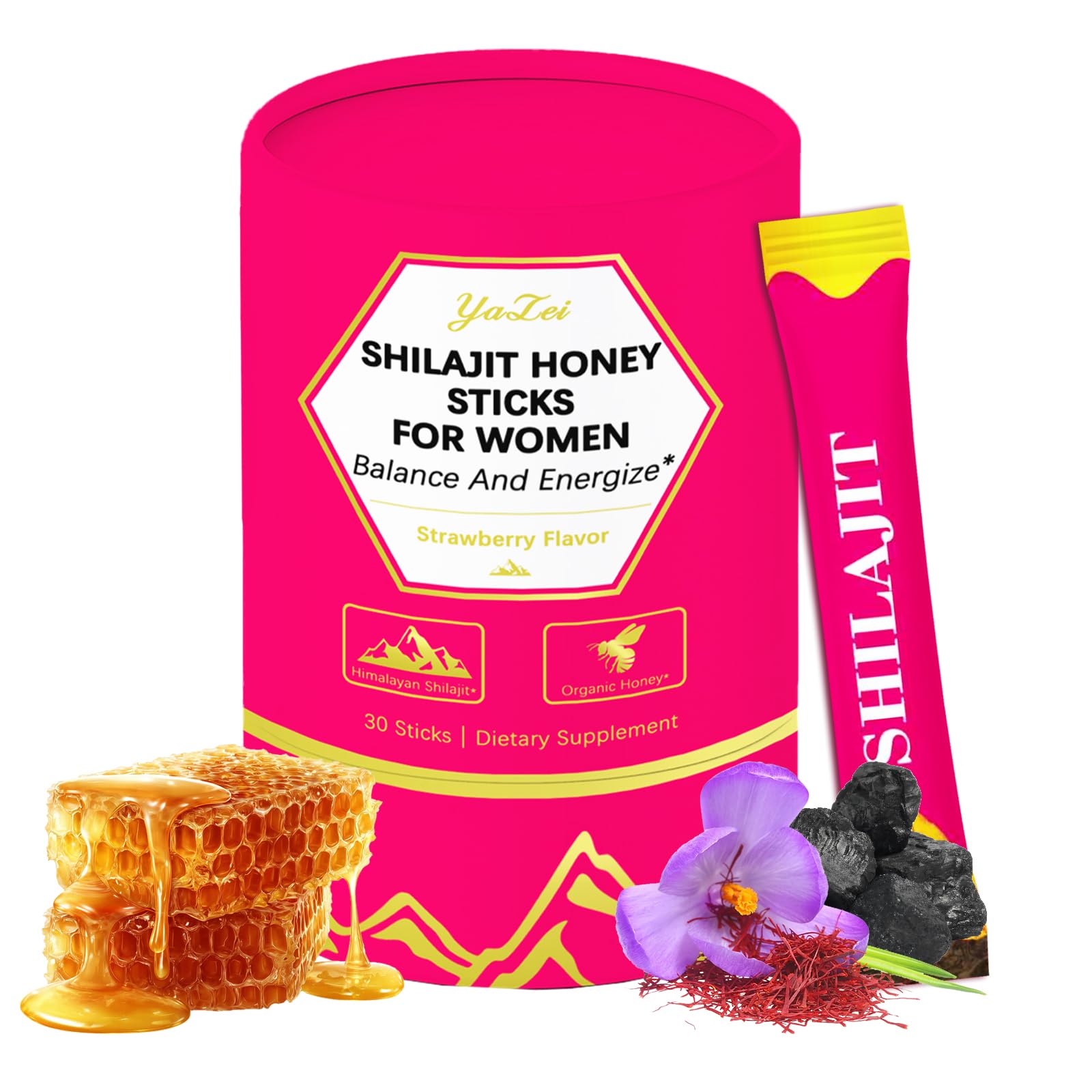 Yalei Strawberry Shilajit Honey Stick packaging for on-the-go energy support.