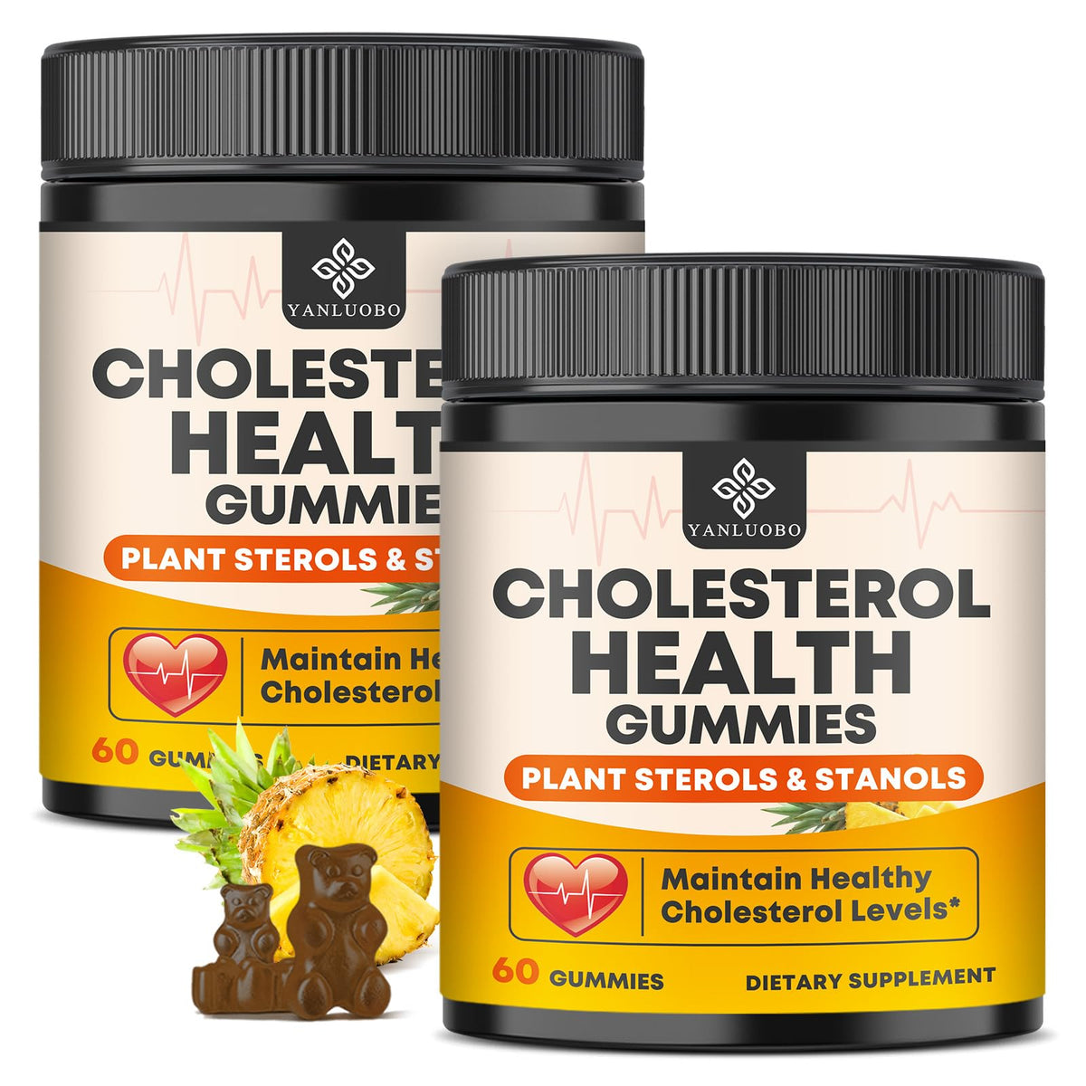Yanluobo cholesterol gummies bottle front showing 60-count packaging for daily support.