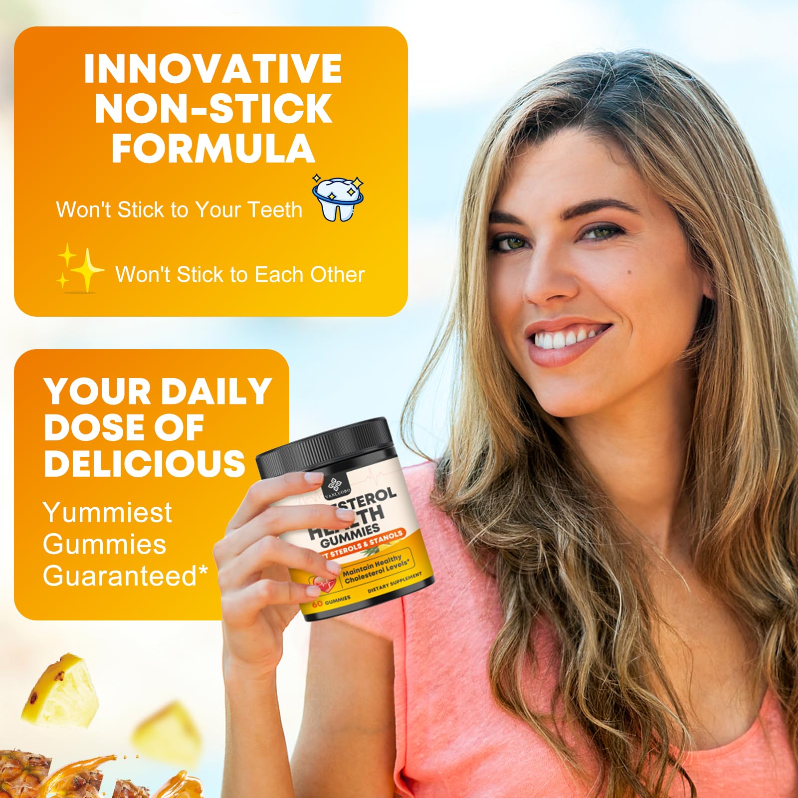 Label close-up showing vegan, gluten-free, non-GMO attributes.