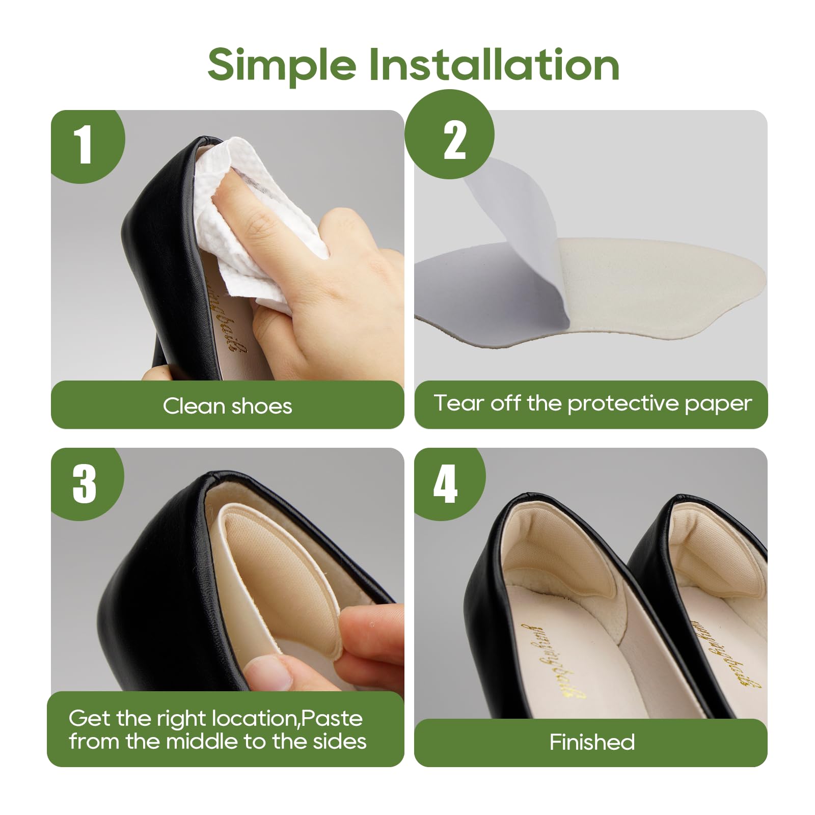 Yaogniy heel pads shown aiding comfort during all-day wear.