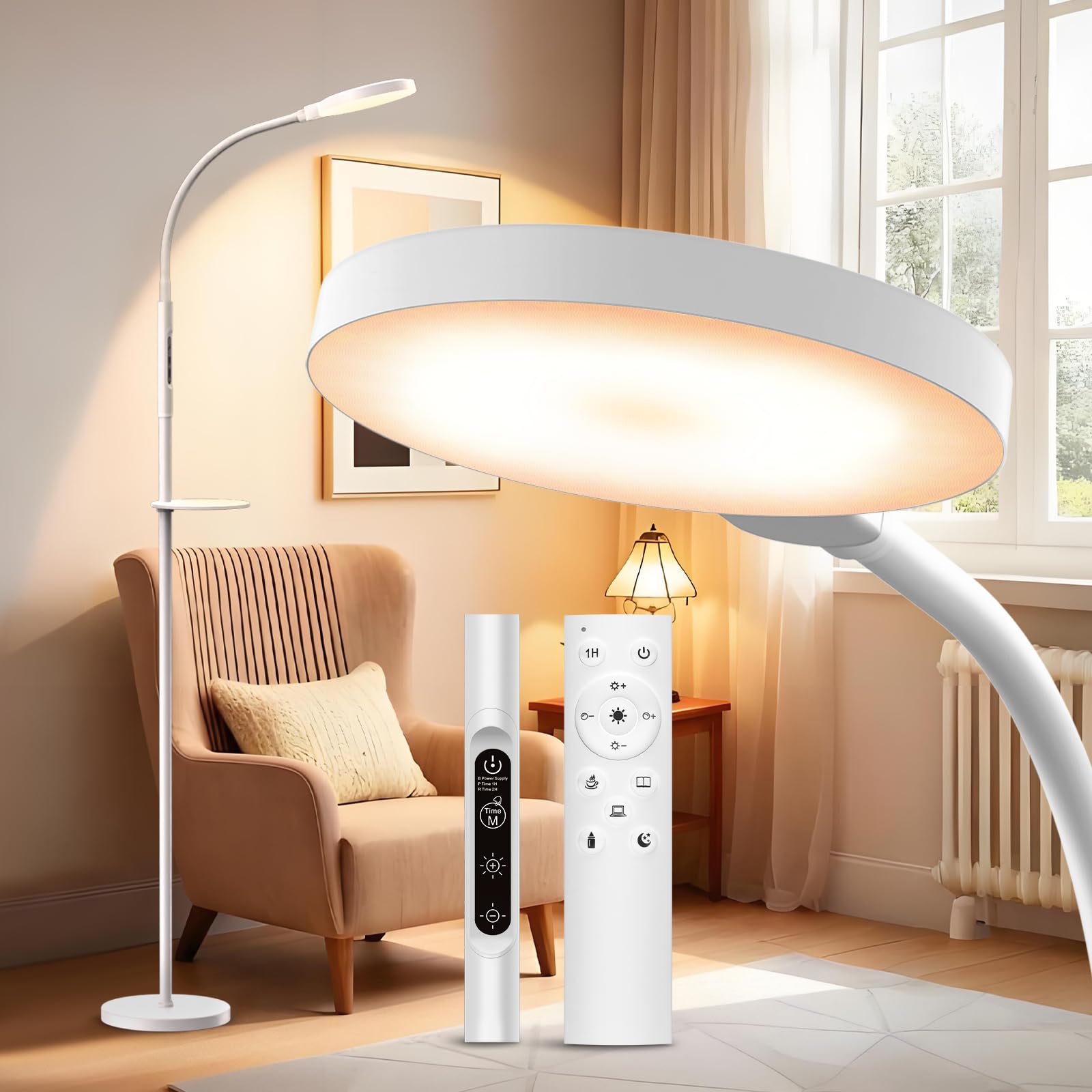 Yarah Light Therapy Lamp on the floor delivering 11,000 lux for daytime energy.