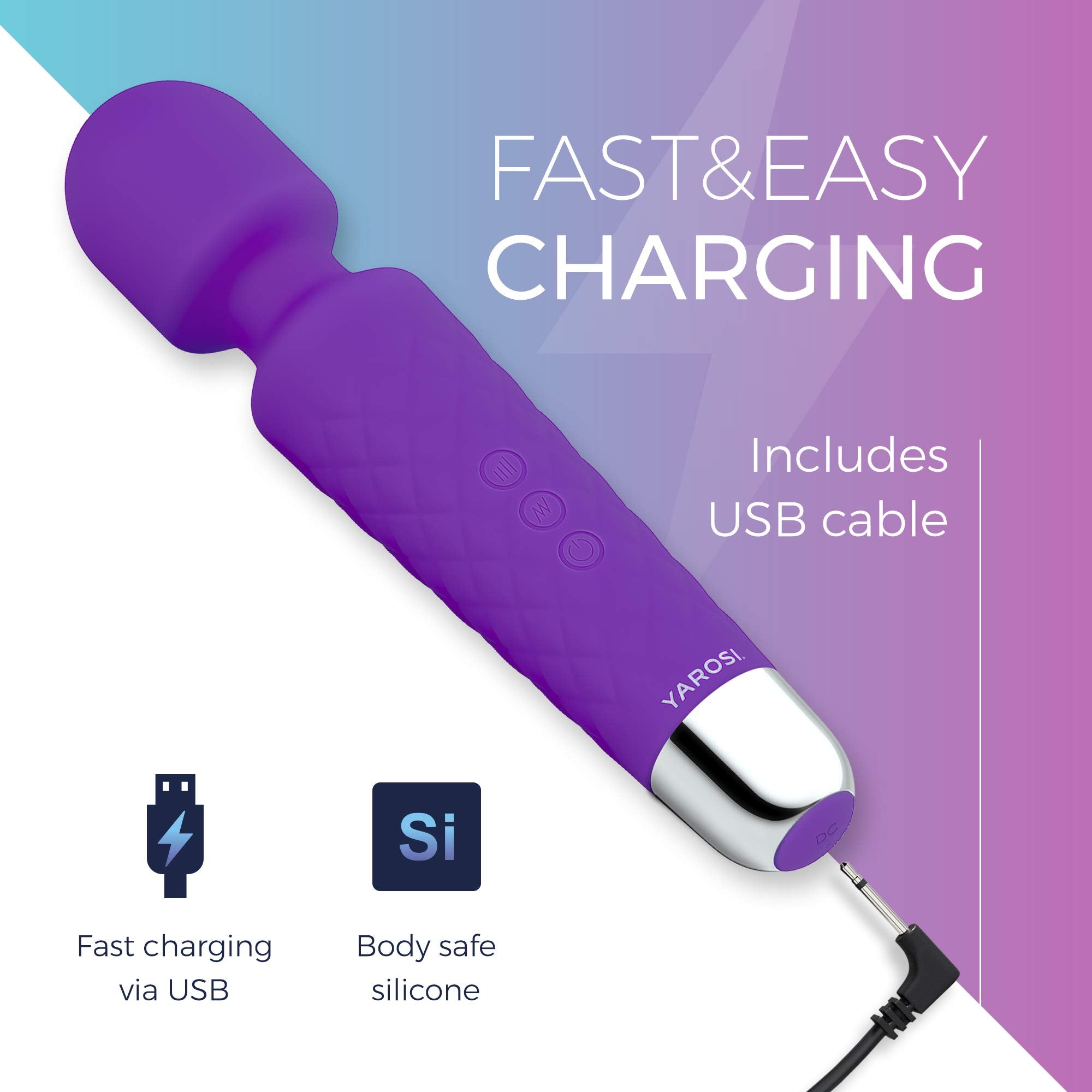 Yarosi vibrator wand massager USB charging enables easy on-the-go power.