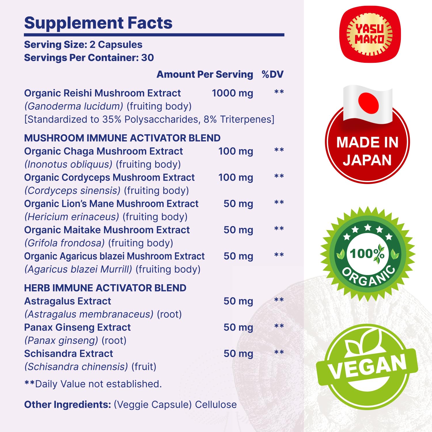 Yasumako Reishi Complex capsules side view for daily wellness use.