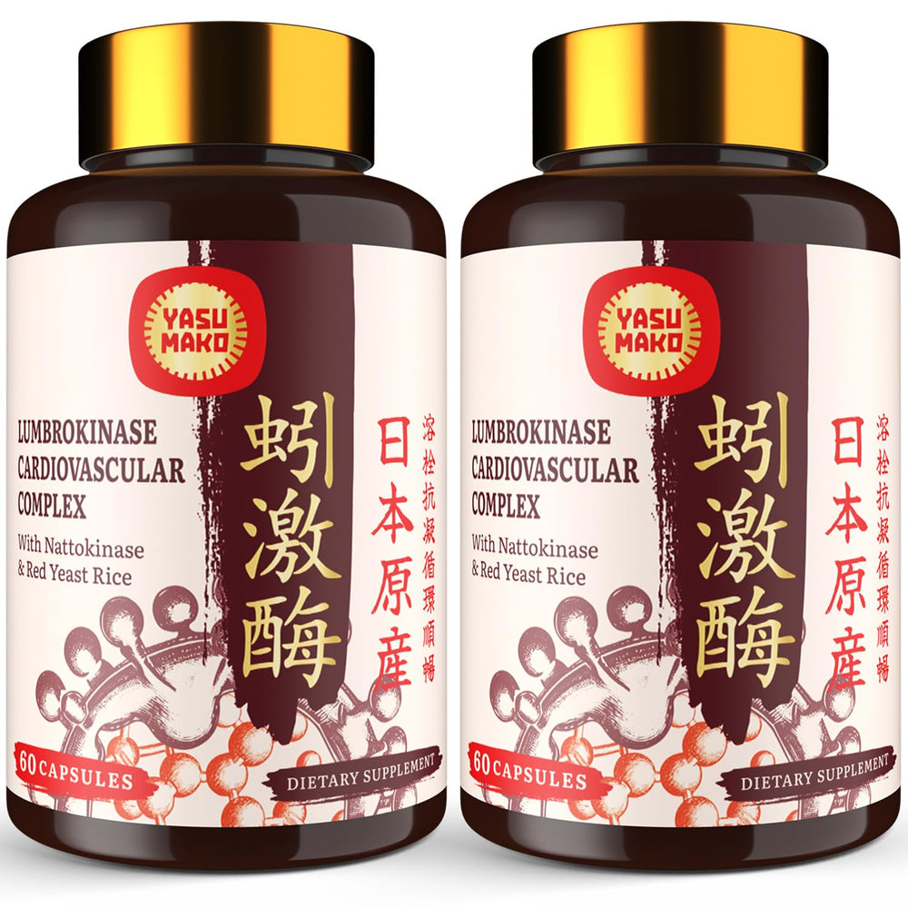 Yasumako Lumbrokinase bottle shows key ingredients for circulatory support