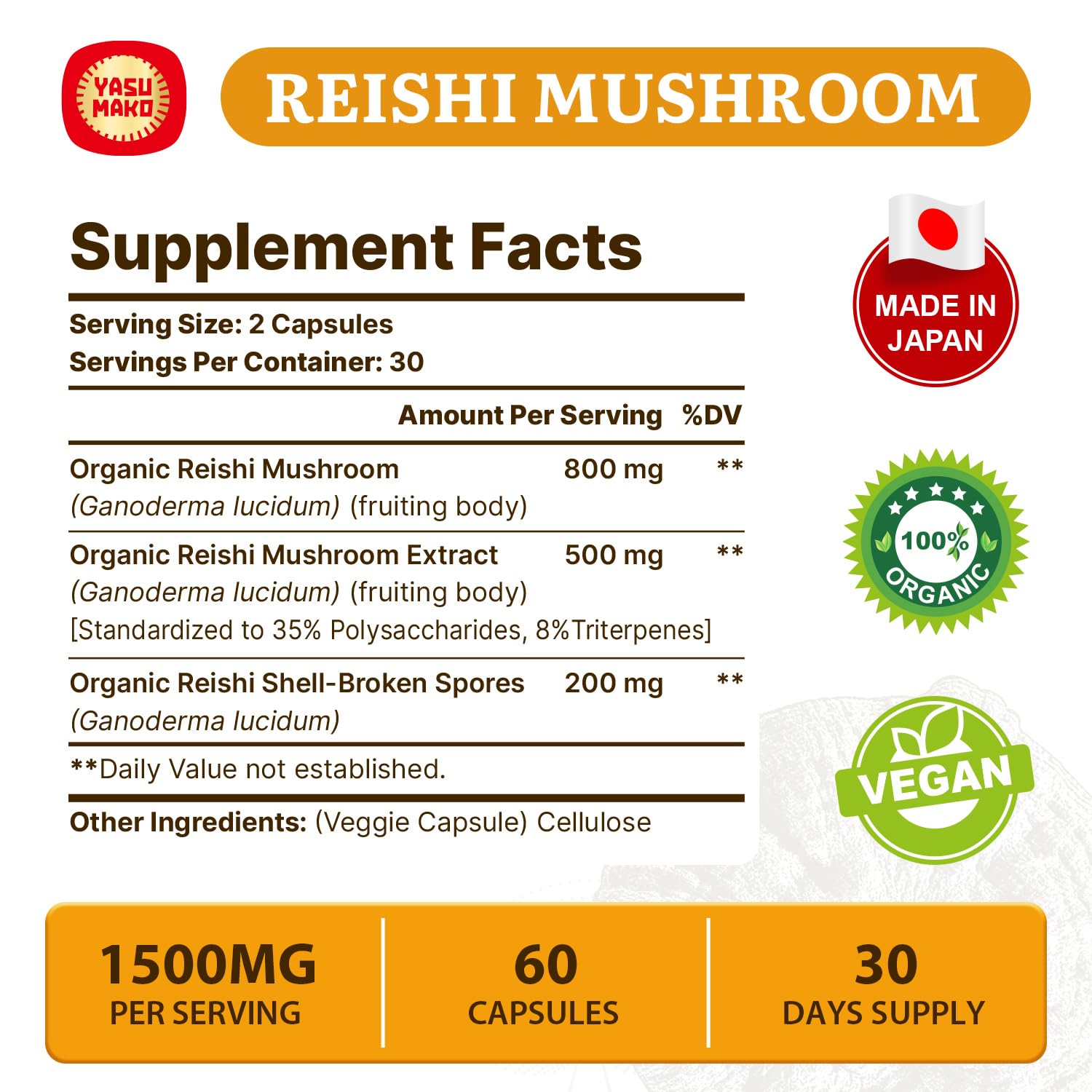 Yasumako Reishi bottle back view shows ingredient list and dosage