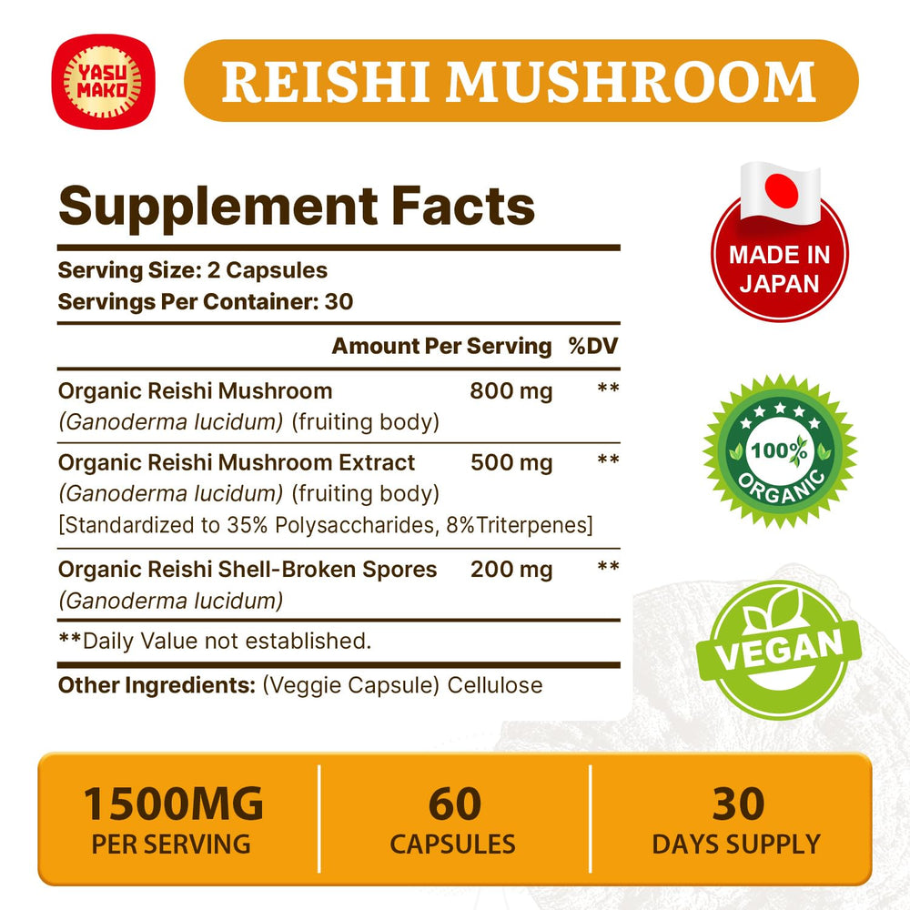 Yasumako Reishi bottle back view shows ingredient list and dosage