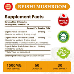 Yasumako Reishi bottle back view shows ingredient list and dosage