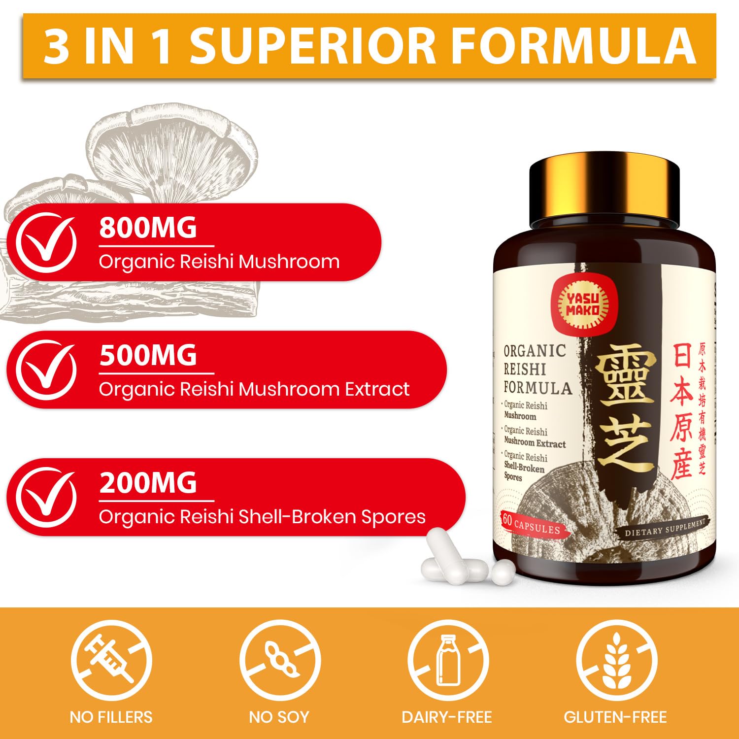 Yasumako Reishi capsules pack demonstrates convenient daily capsules