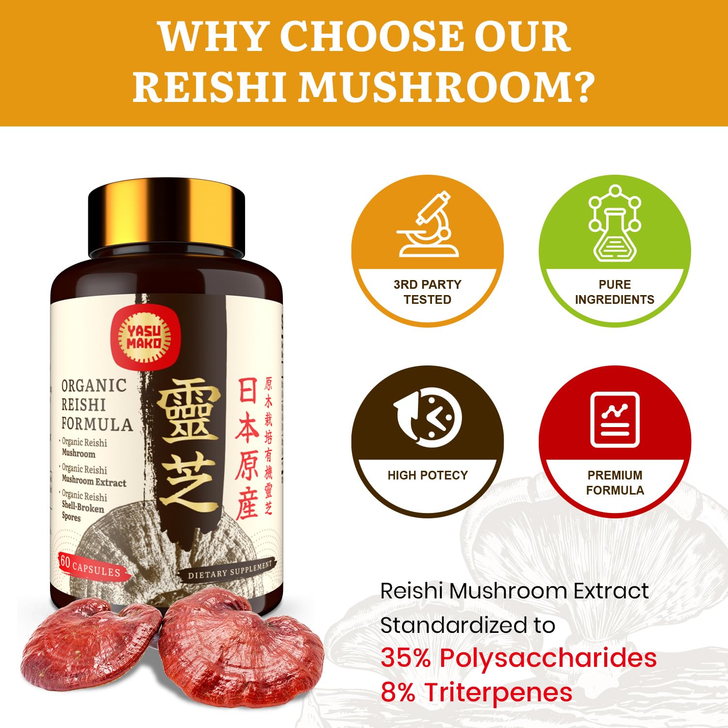 Yasumako Reishi ingredients label emphasizes 800mg blend and organic purity