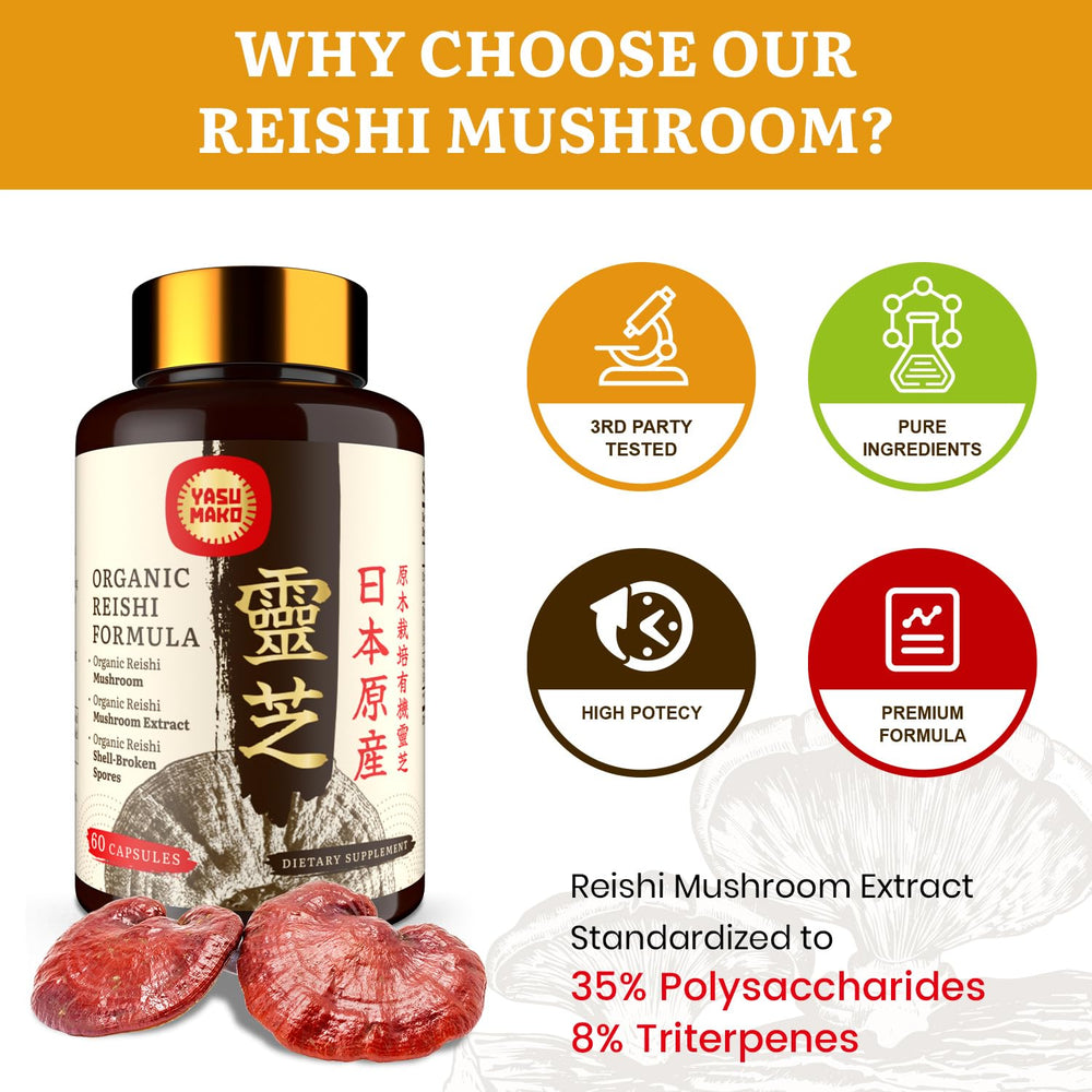 Yasumako Reishi ingredients label emphasizes 800mg blend and organic purity