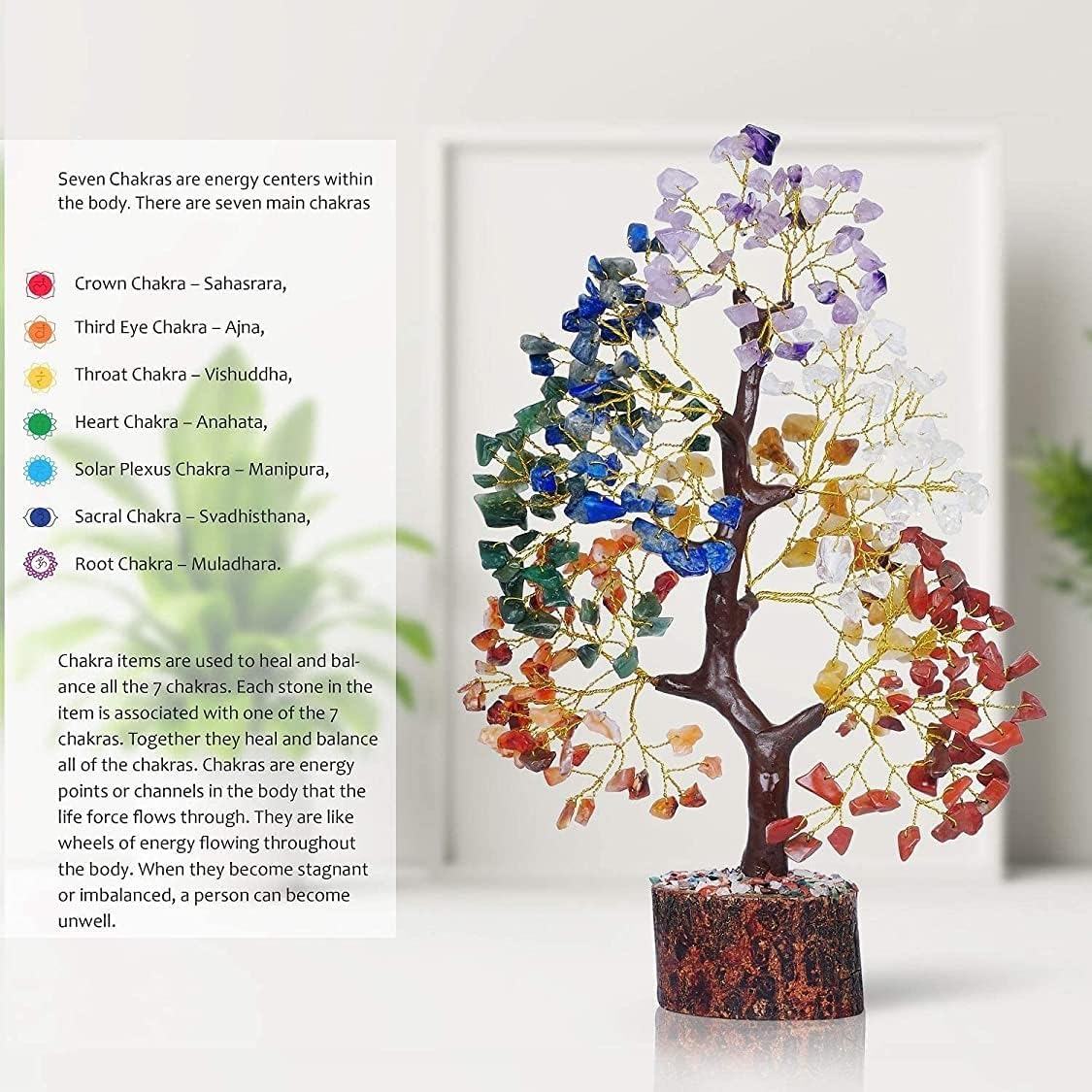 YATSKIA seven crystals tree displaying Red Jasper to Amethyst for natural energy hints.