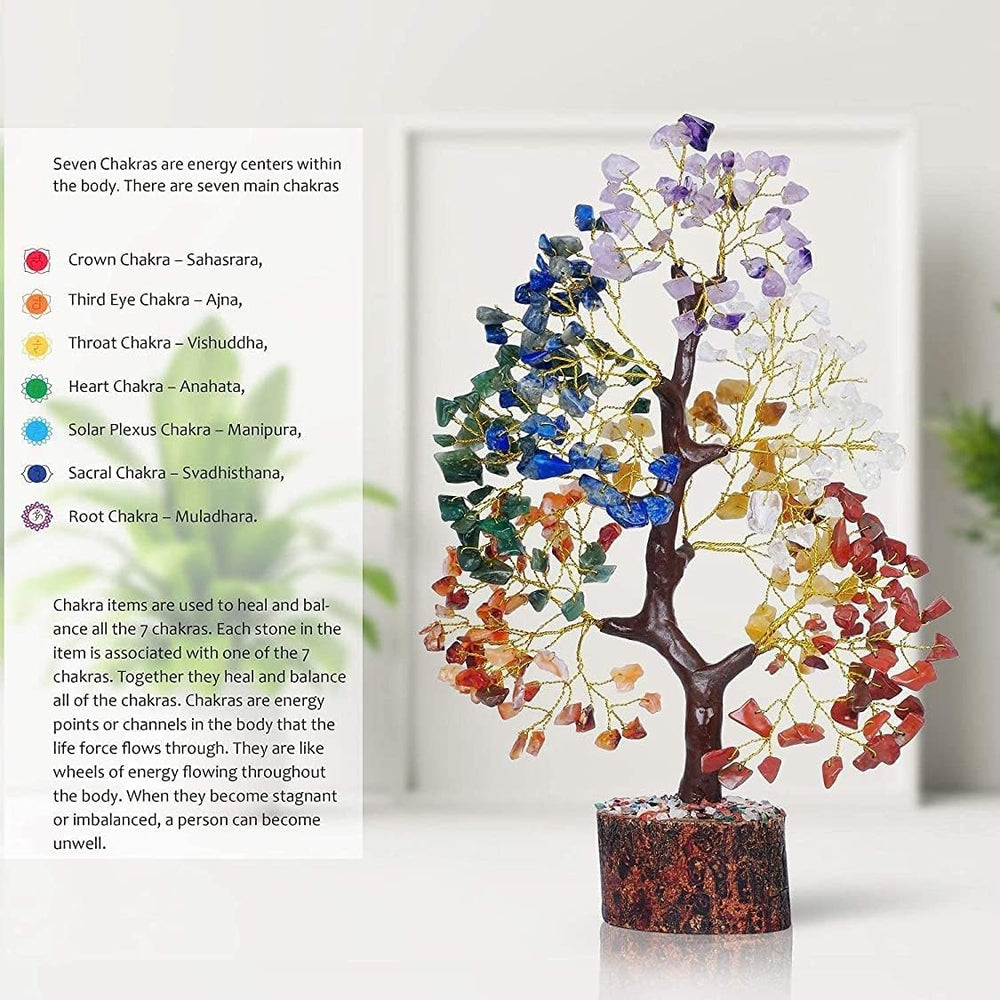 YATSKIA seven crystals tree displaying Red Jasper to Amethyst for natural energy hints.