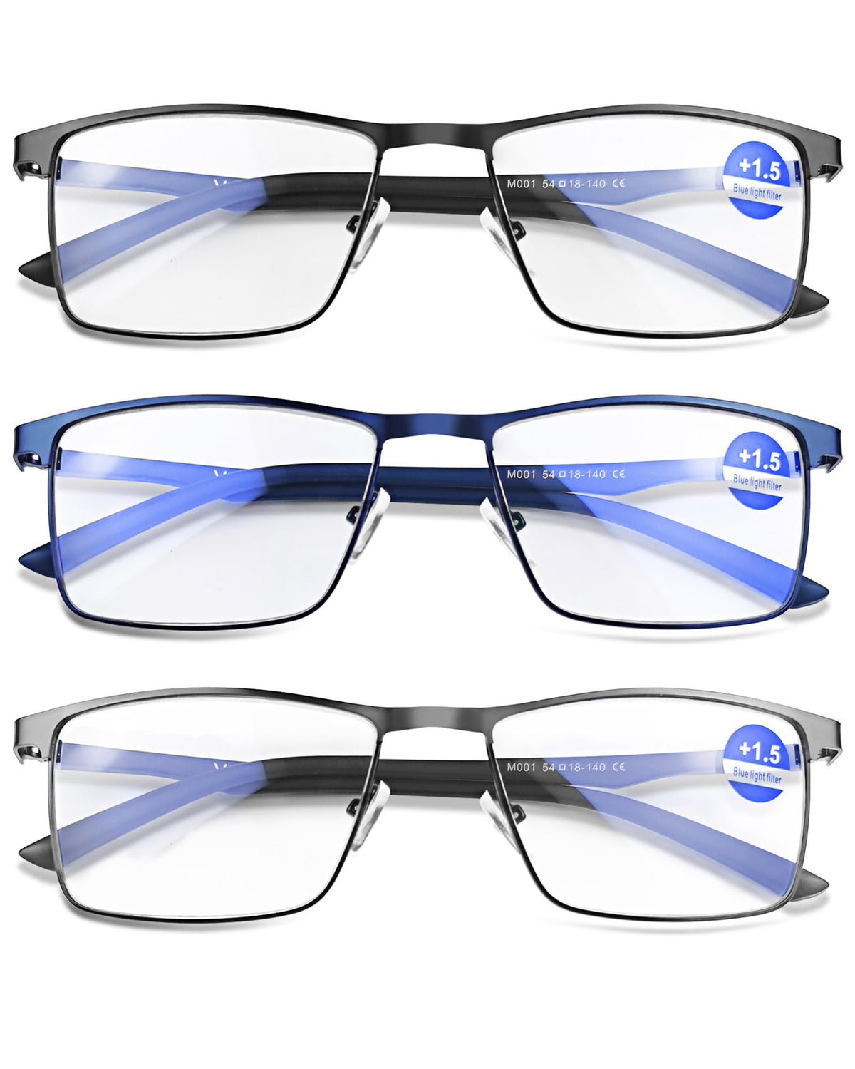 YayGlasz 3-pack reading glasses front view with durable TR90 frame