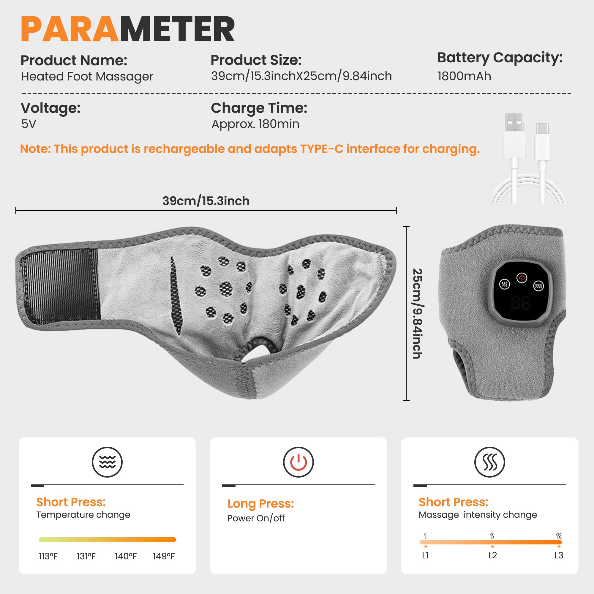 YAZHI Foot Massager Wrap USB recharge feature showcases cordless convenience on the go.