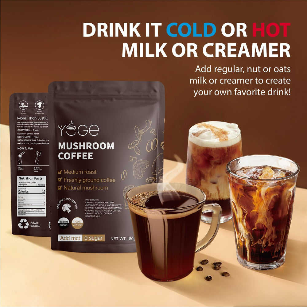 YEGE Mushroom Coffee back-of-pack label confirms no fillers or artificial colors.