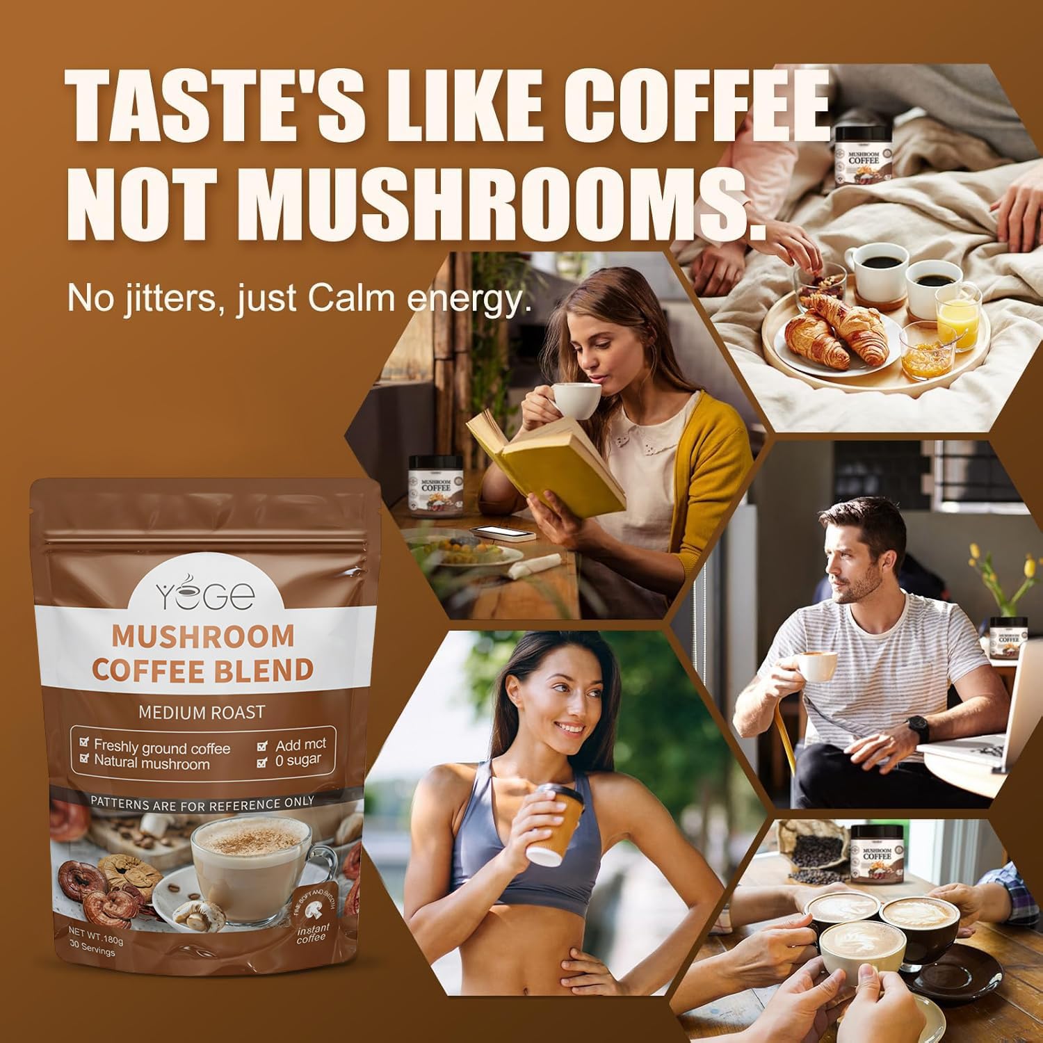 YEGE Mushroom Coffee daily ritual visuals suggest energy and focus.