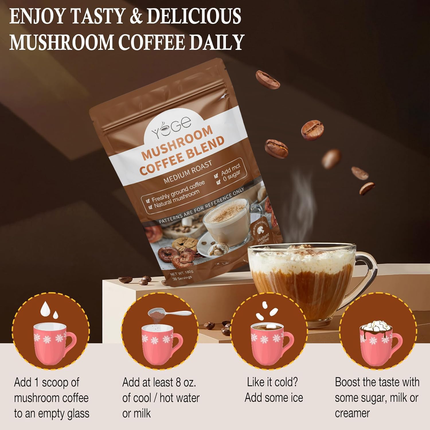 YEGE Mushroom Coffee with MCT oil and coconut milk for creamy texture.