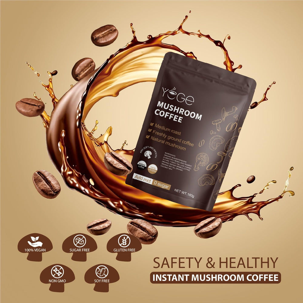 YEGE Mushroom Coffee mushrooms close-up highlights Cordyceps and Lions Mane.