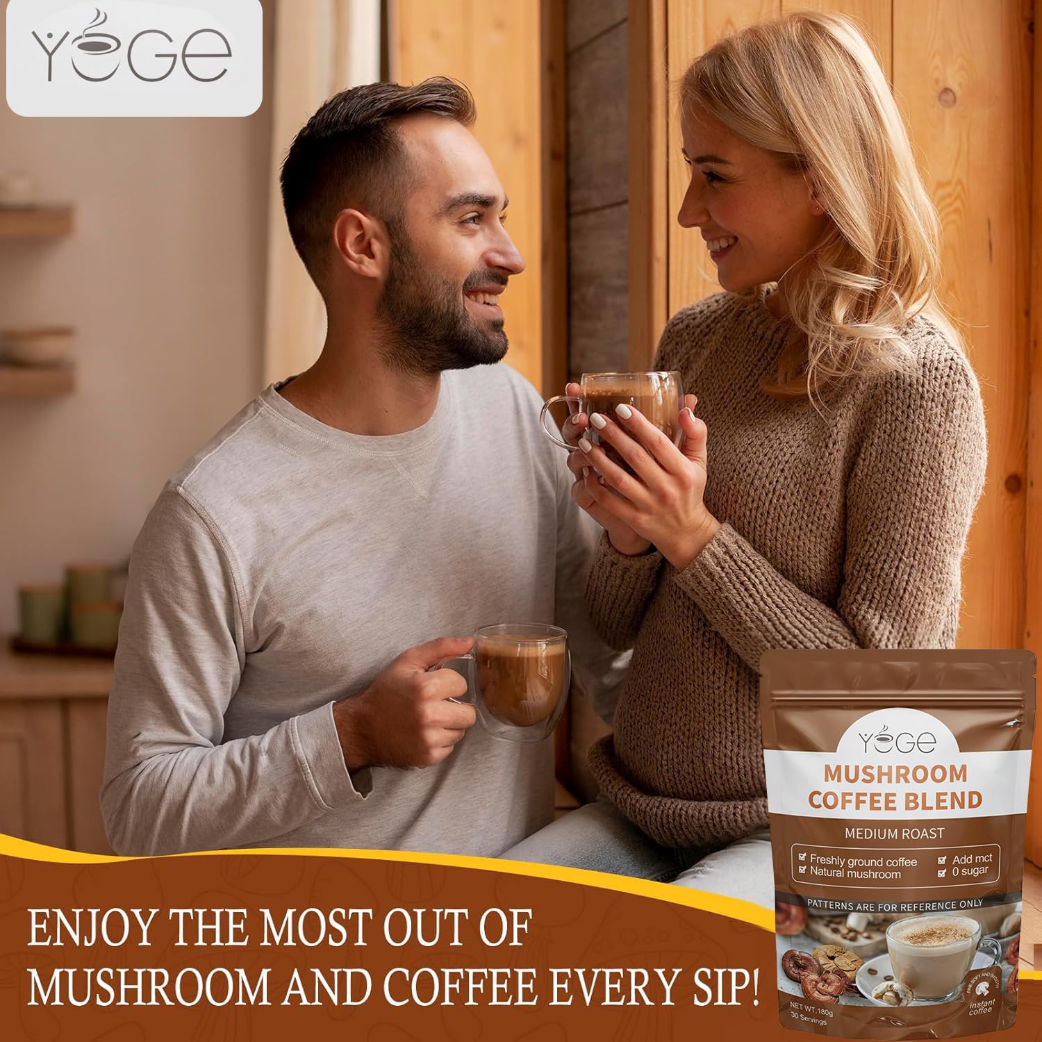 YEGE Mushroom Coffee nutrition label emphasizes gluten-free and vegan traits.