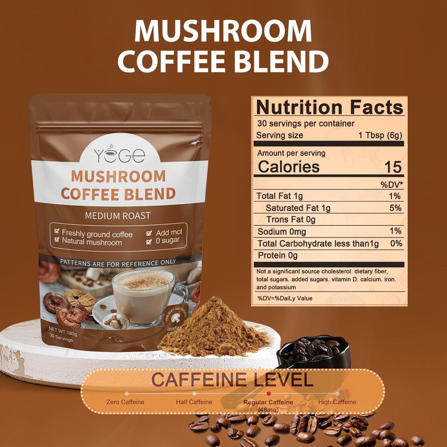 YEGE Mushroom Coffee packaging highlights 6-mushroom formula for daily ritual.
