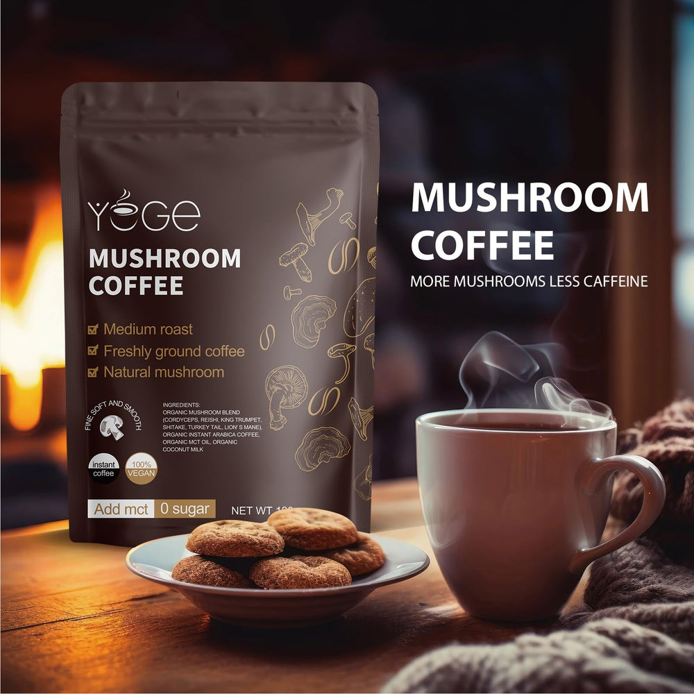 YEGE Mushroom Coffee ready-to-brew image shows hot or iced preparation.