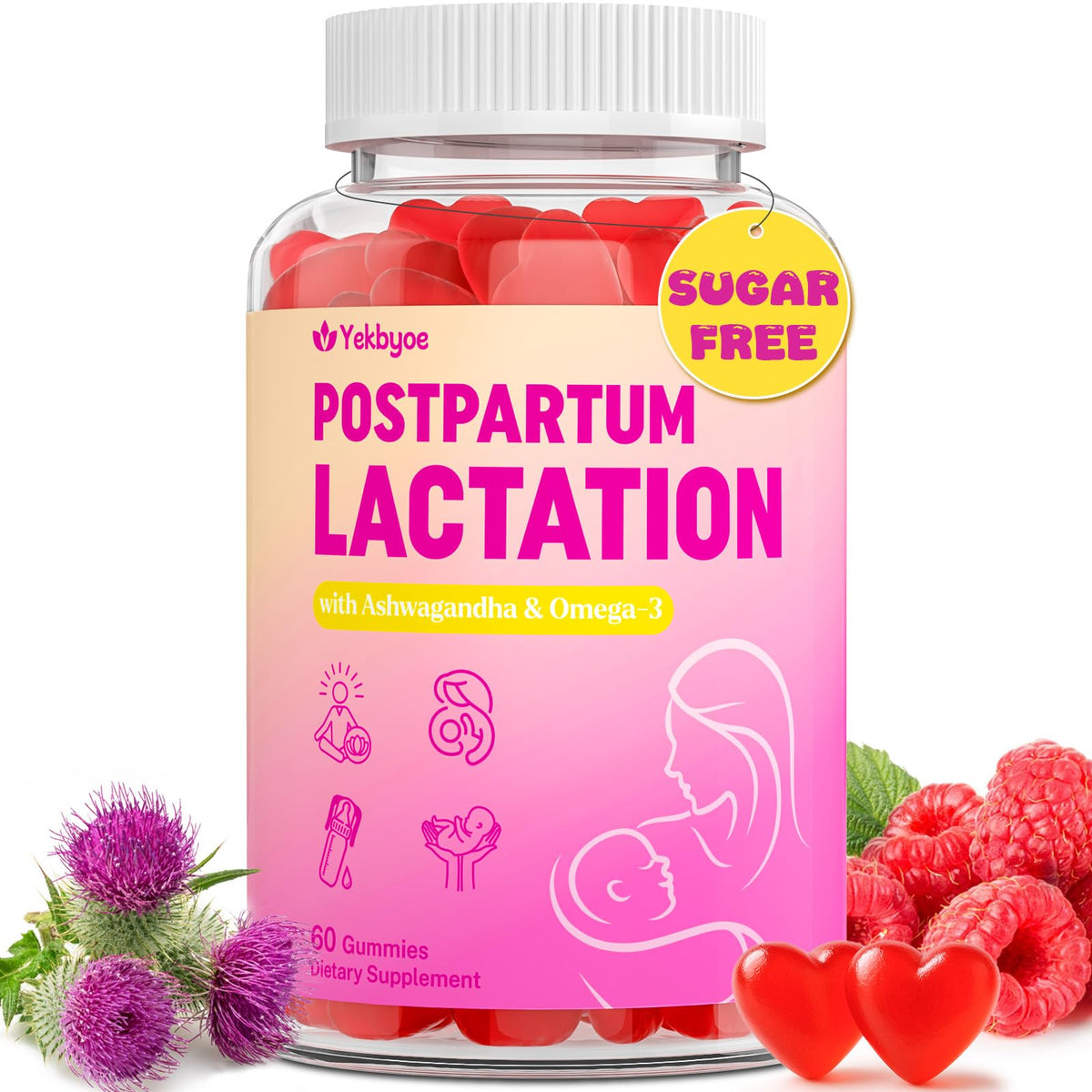 YEKBYOE lactation gummies bottle, easy postpartum support for busy moms