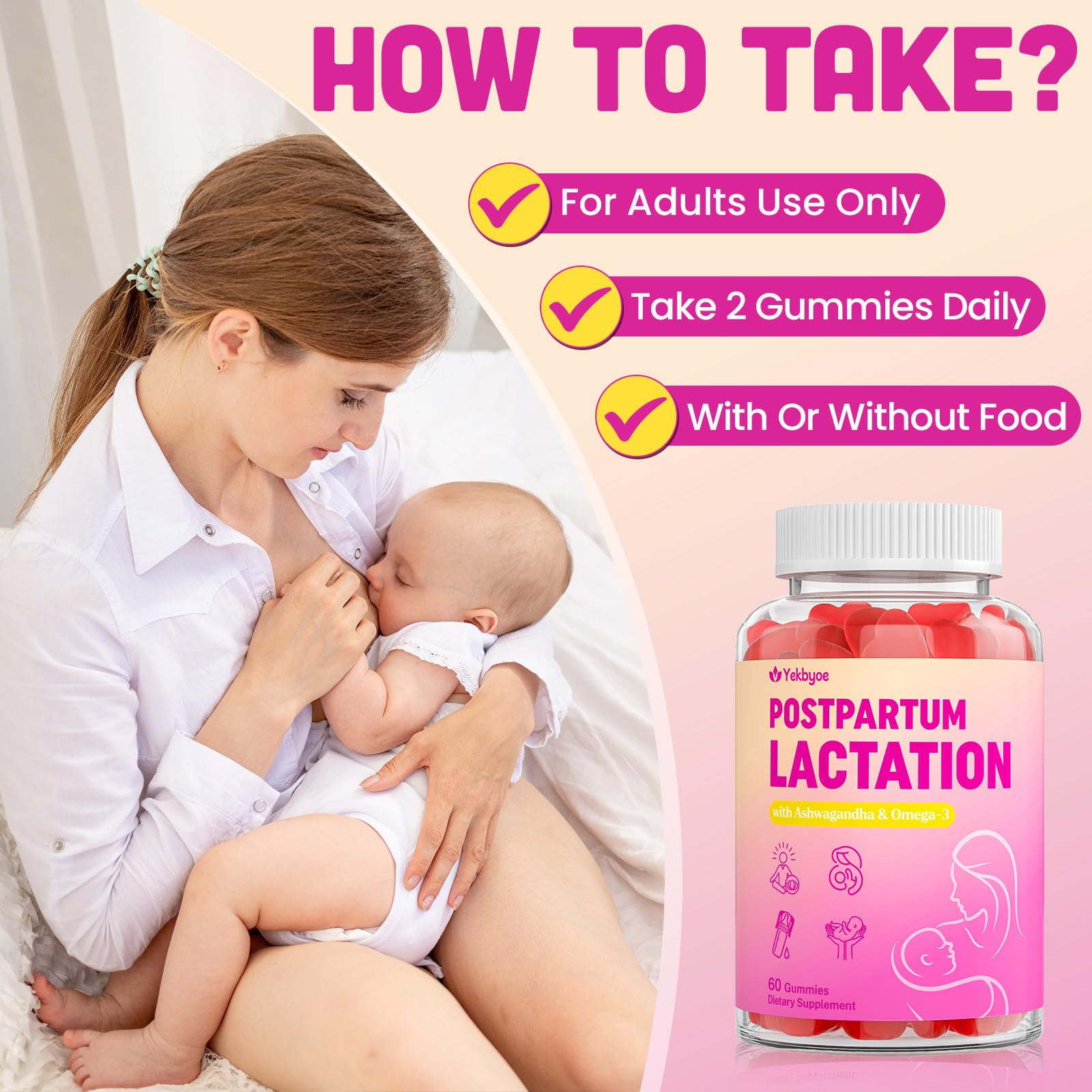 YEKBYOE lactation gummies packaging shows vegan gluten-free promise
