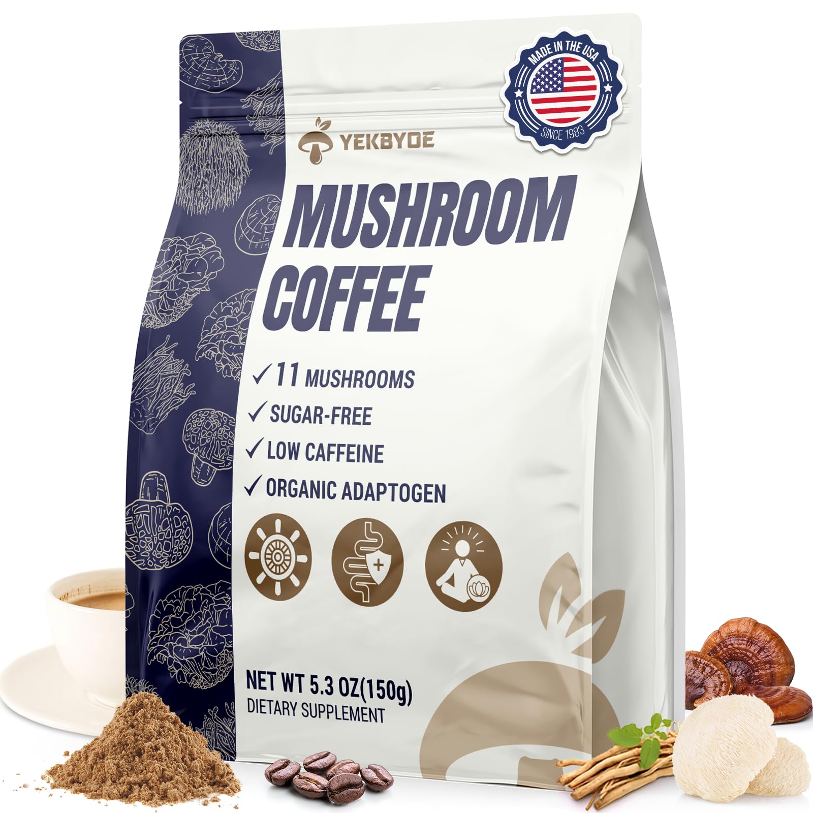 YEKBYOE Mushroom Coffee box front showcasing organic blend for steady energy.