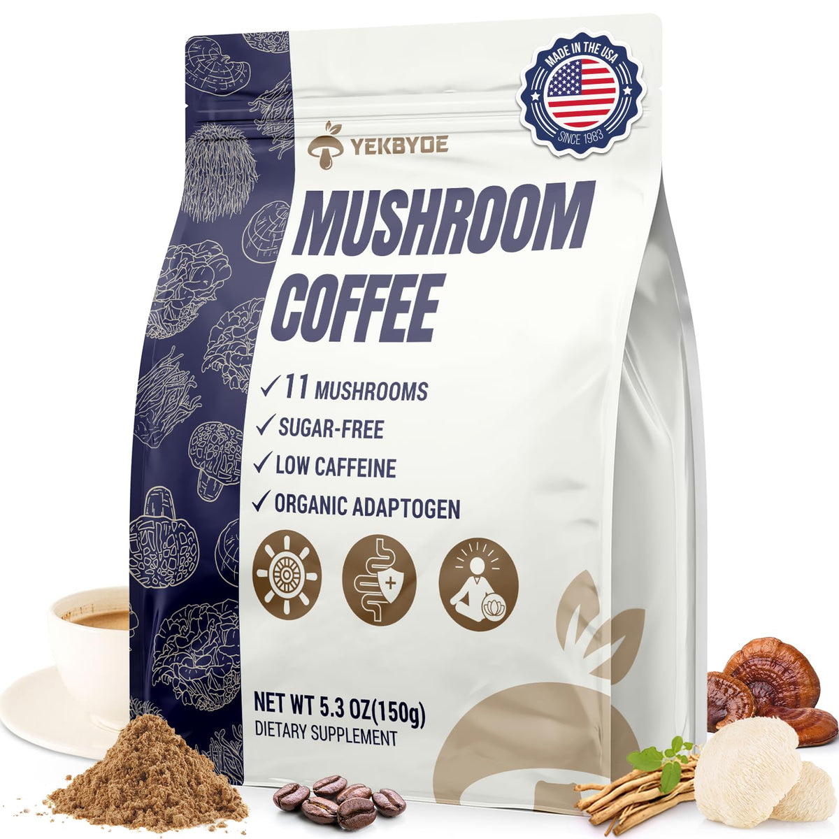 YEKBYOE Mushroom Coffee box front showcasing organic blend for steady energy.