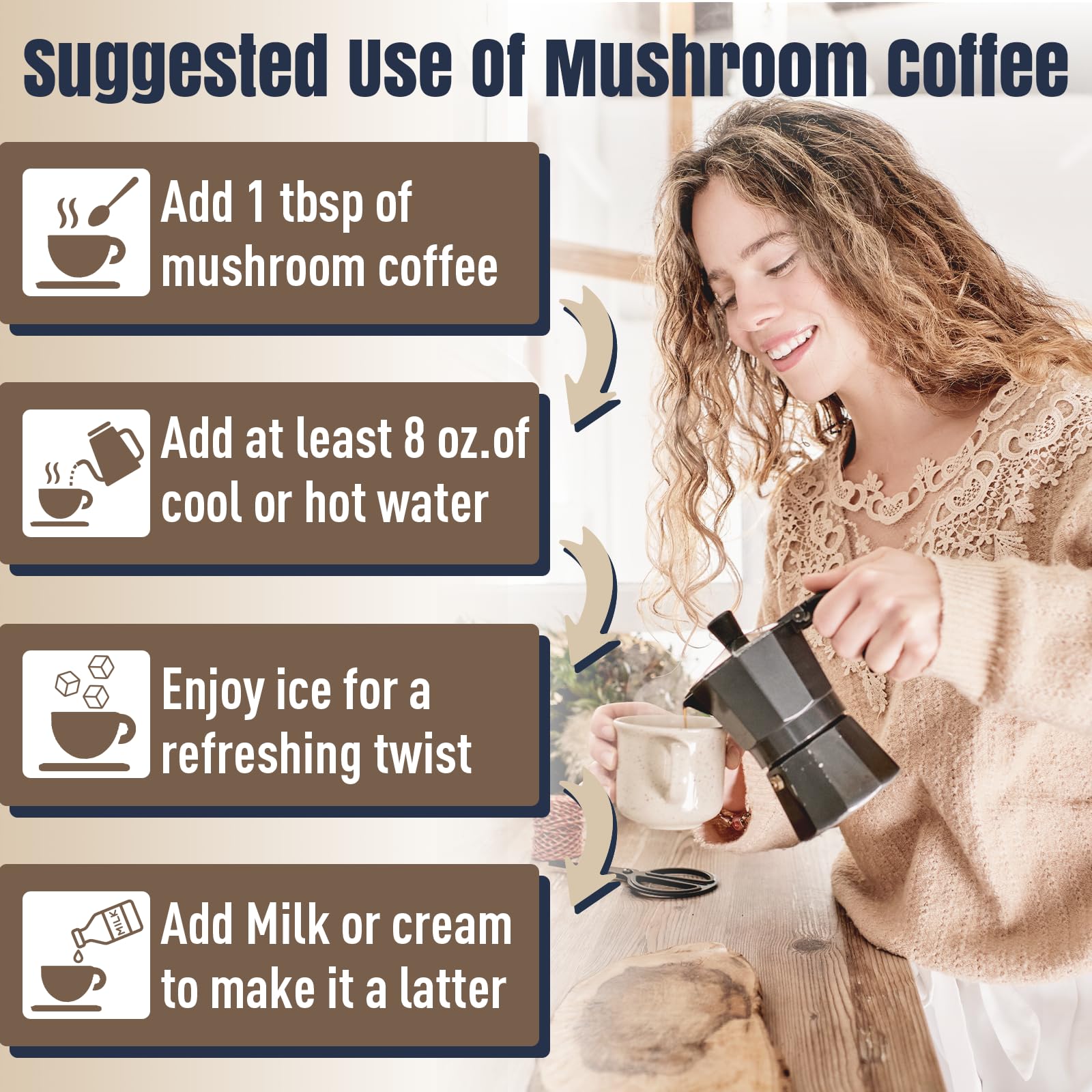 YEKBYOE Mushroom Coffee low caffeine profile for steady energy.