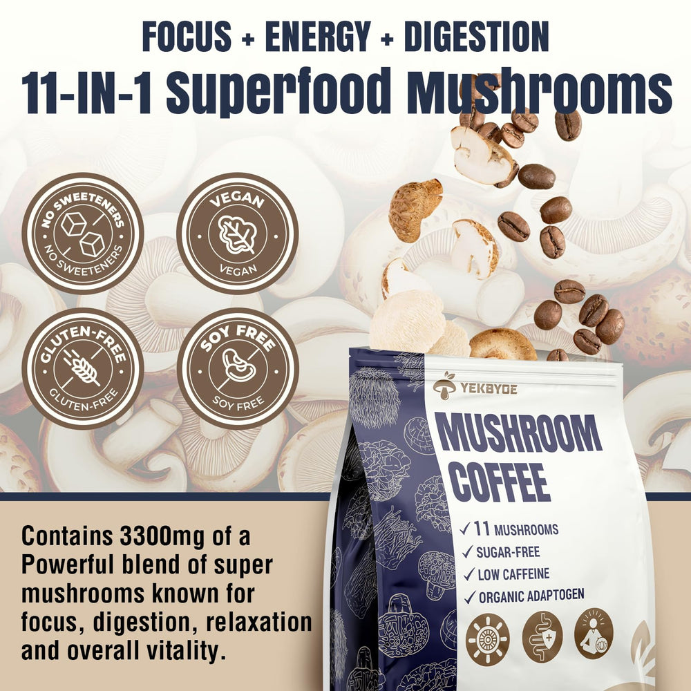 YEKBYOE Mushroom Coffee organic certification visible on packaging.