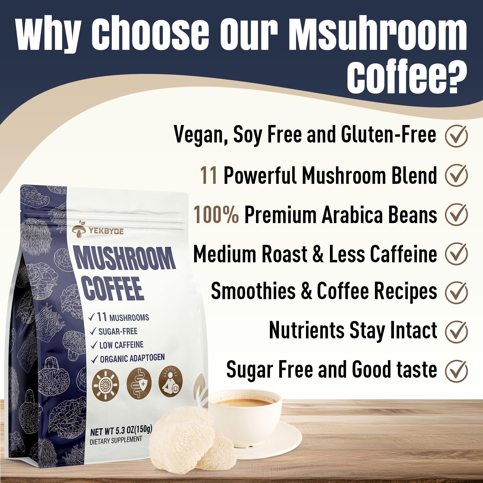 YEKBYOE Mushroom Coffee packaging label highlights 11 mushrooms.