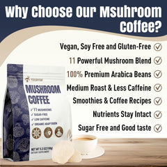 YEKBYOE Mushroom Coffee packaging label highlights 11 mushrooms.