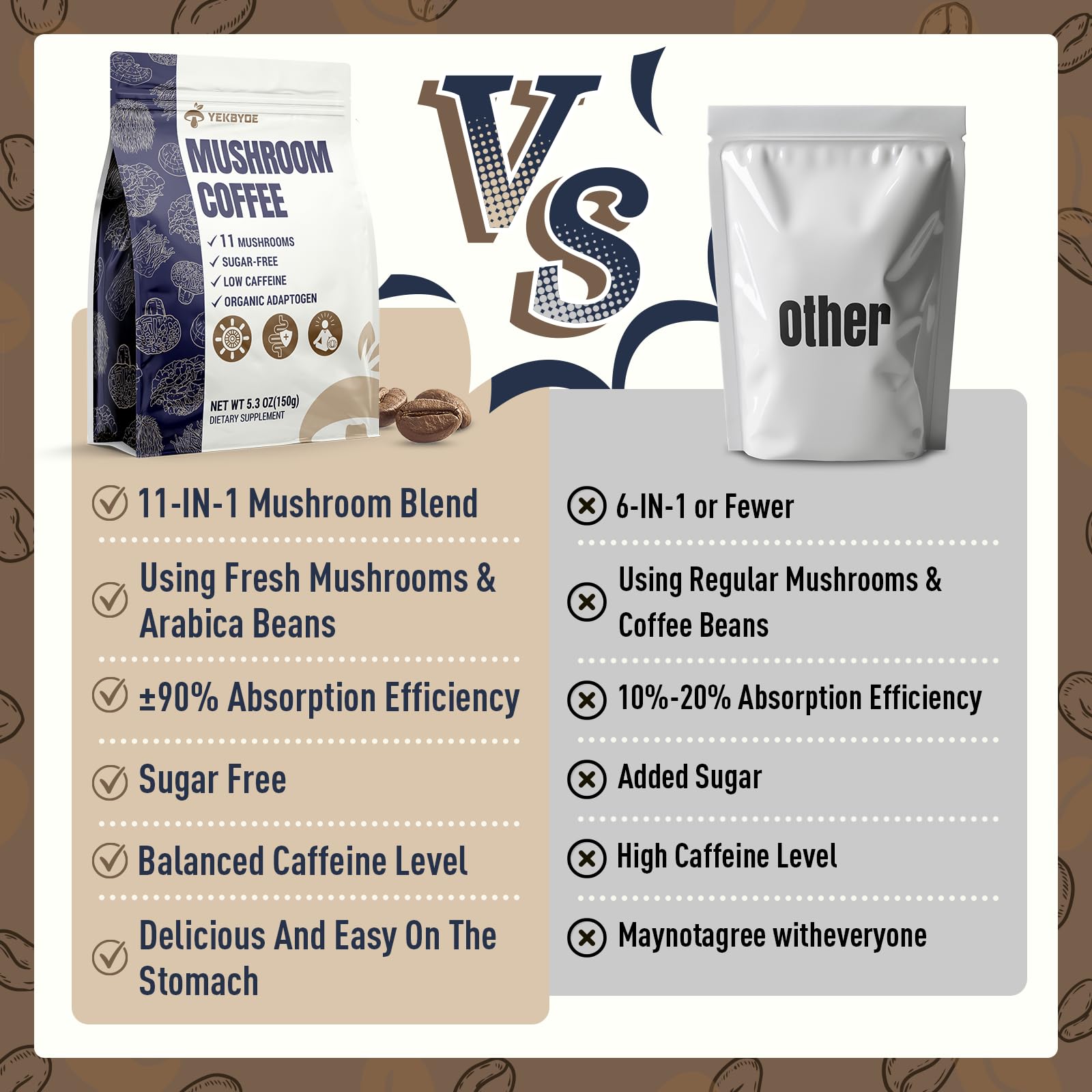 YEKBYOE Mushroom Coffee vegan and gluten-free badge on packaging.