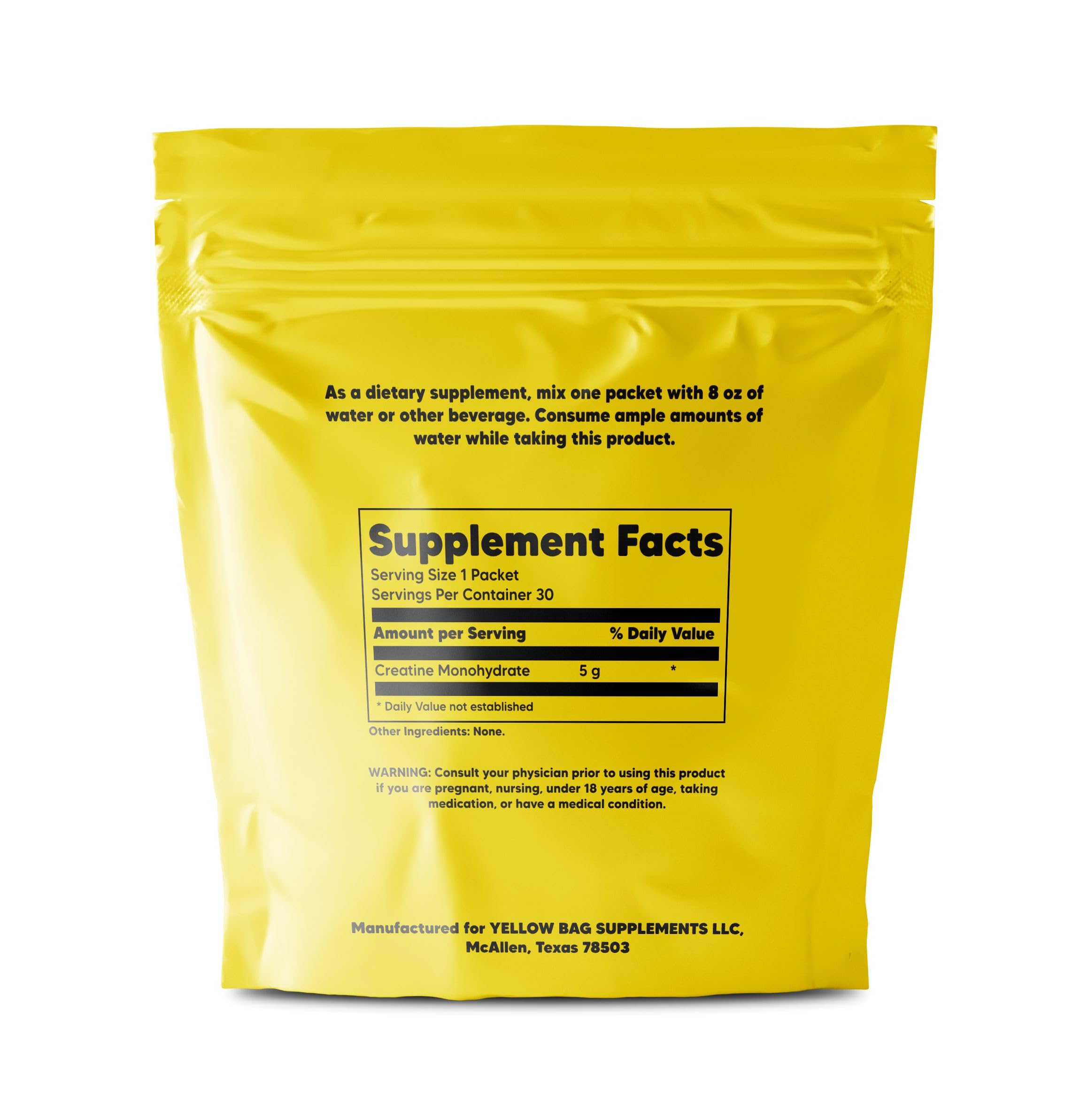 YELLOW BAG SUPPLEMENTS creatine stick packets back panel with nutrition details