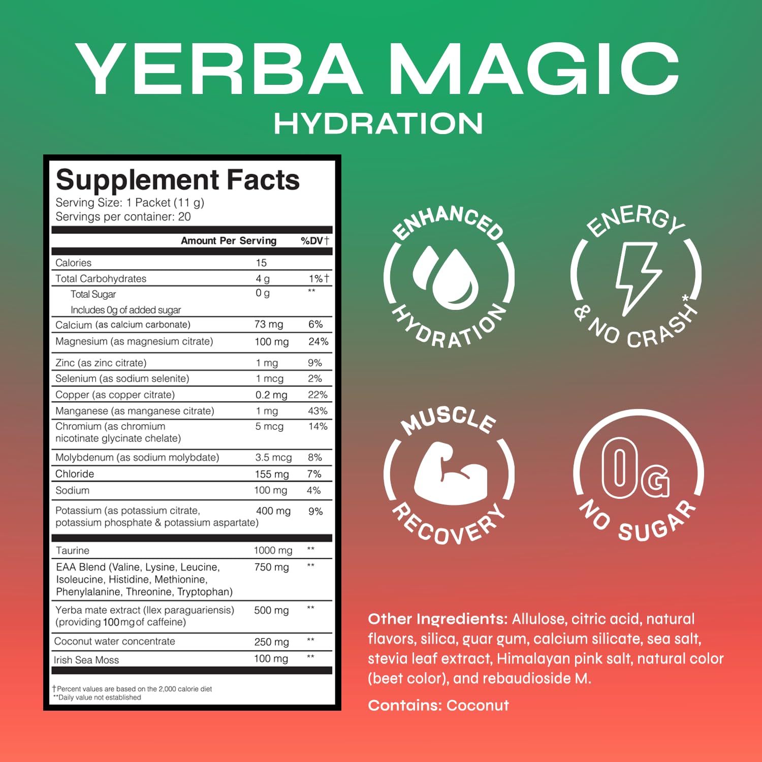 Yerba Magic electrolytes from coconut water stick pack supporting fluid balance during workouts.