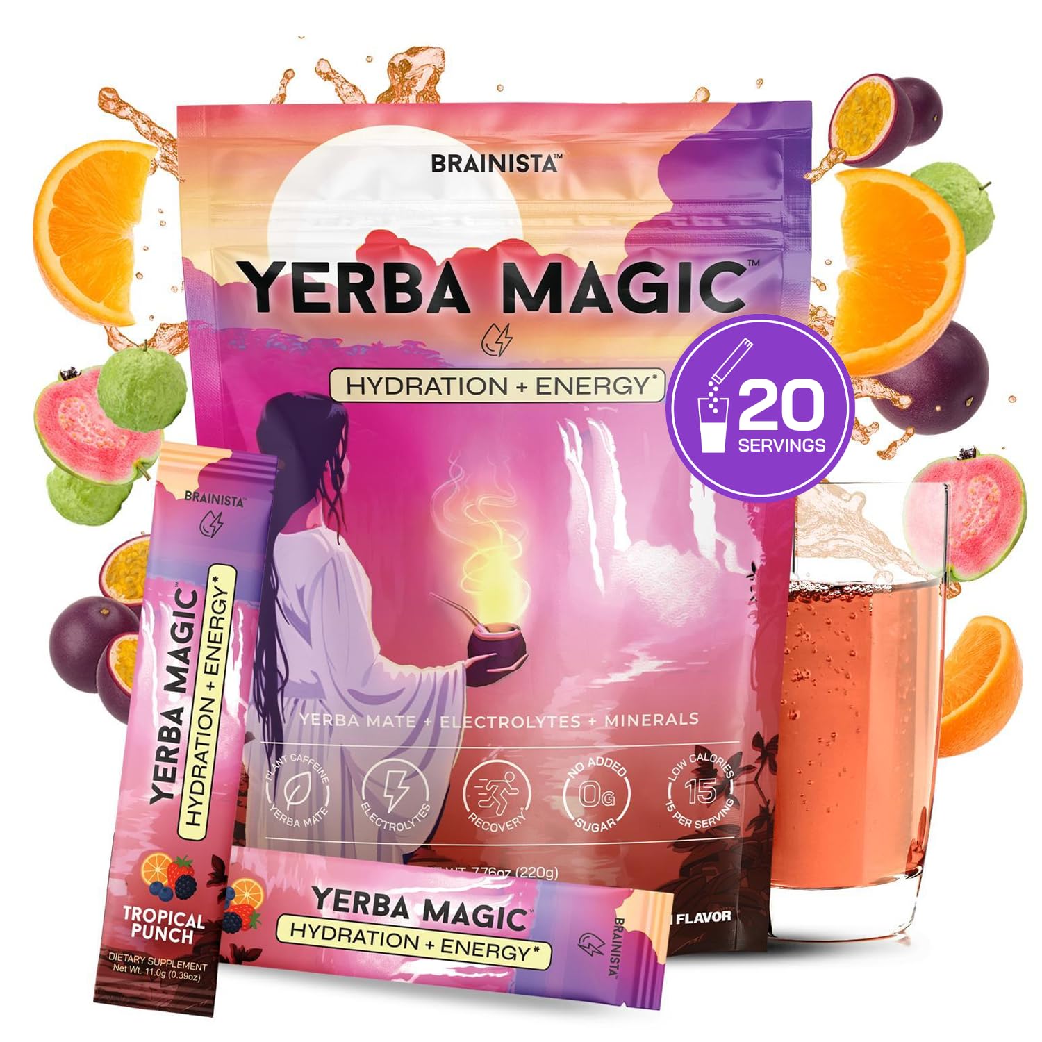 Yerba Magic Hydration Energy Tropical Punch bottle shows clean energy benefits