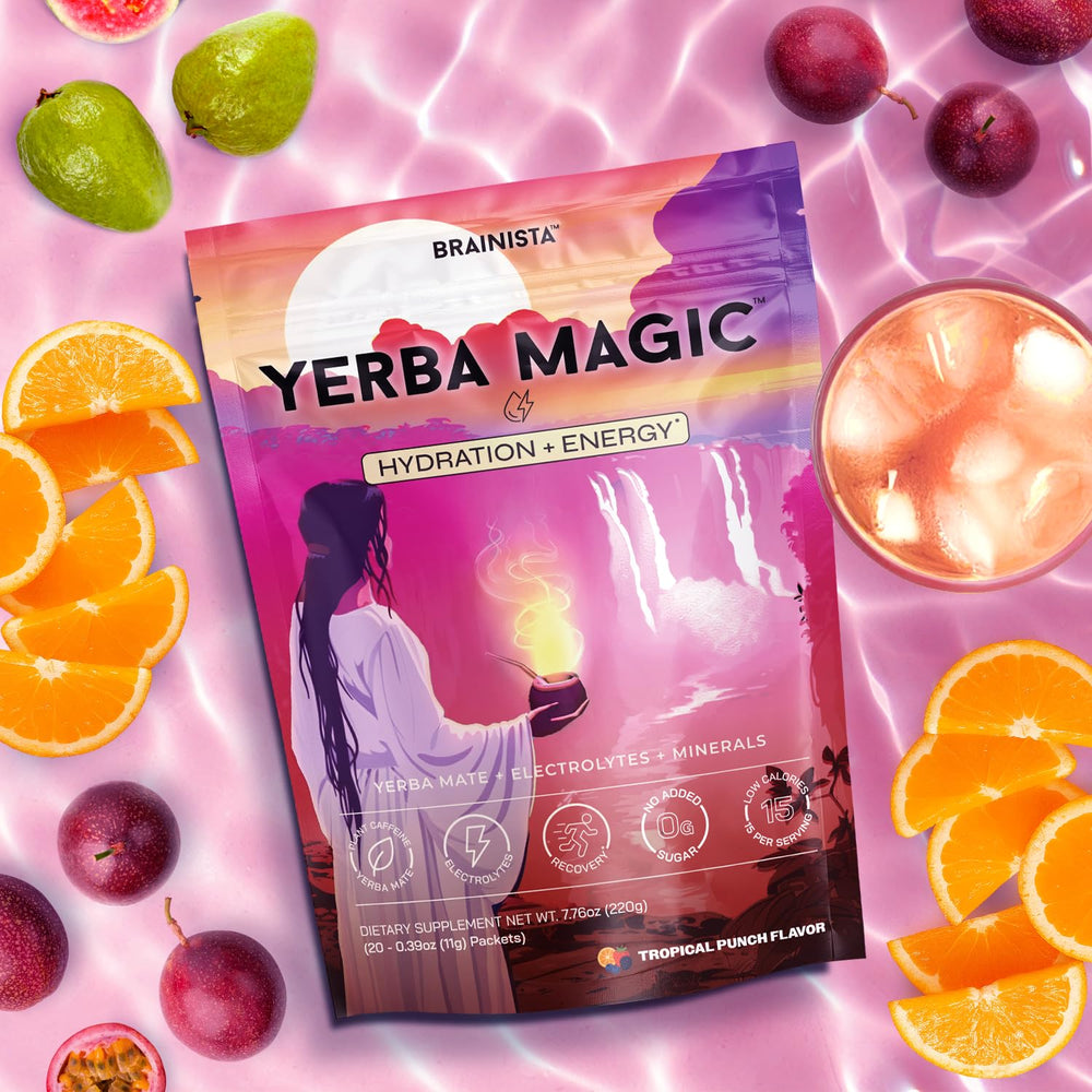 Yerba Magic Hydration Energy Tropical Punch ingredients panel highlights electrolytes and amino acids