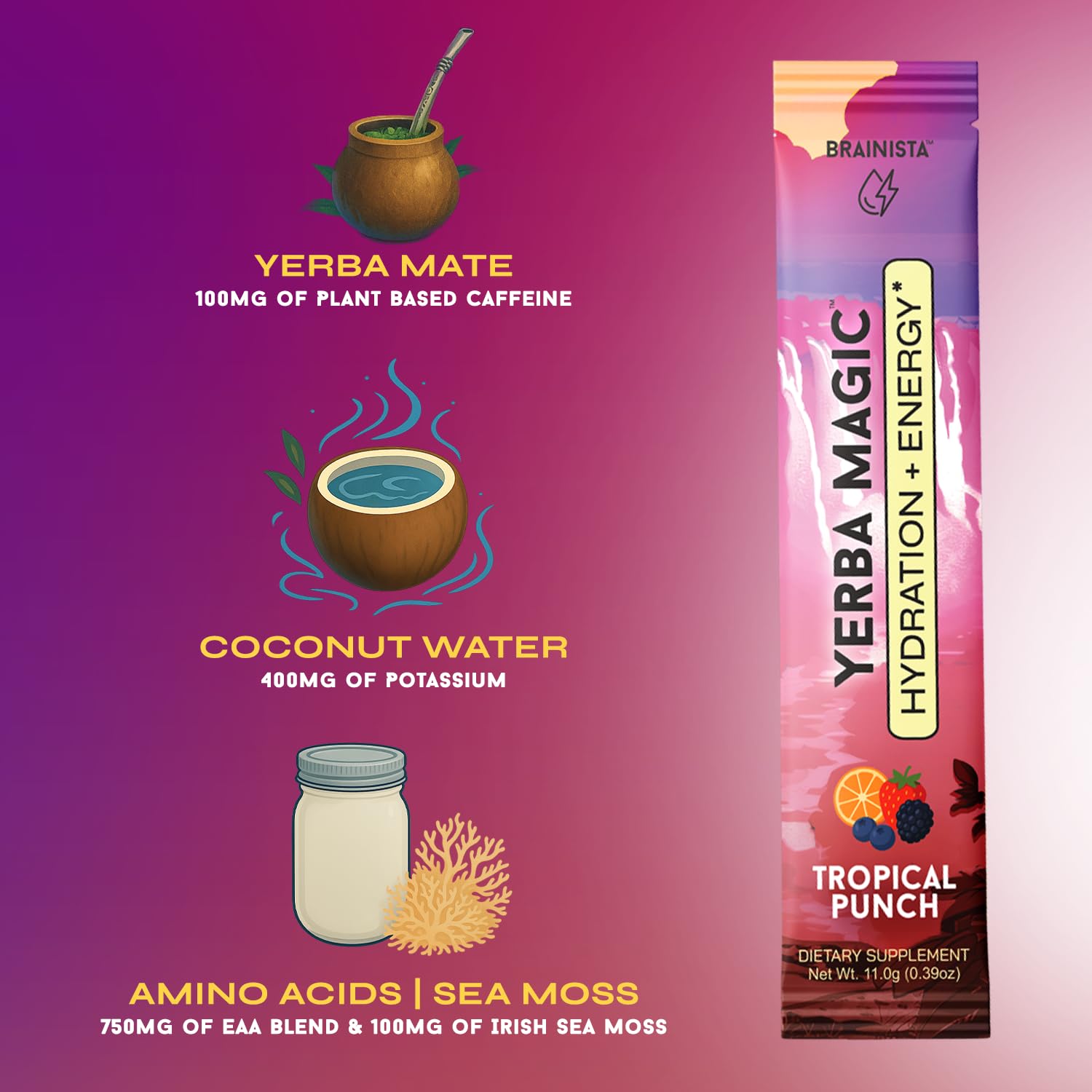 Yerba Magic Hydration Energy Tropical Punch label shows zero sugar and calories