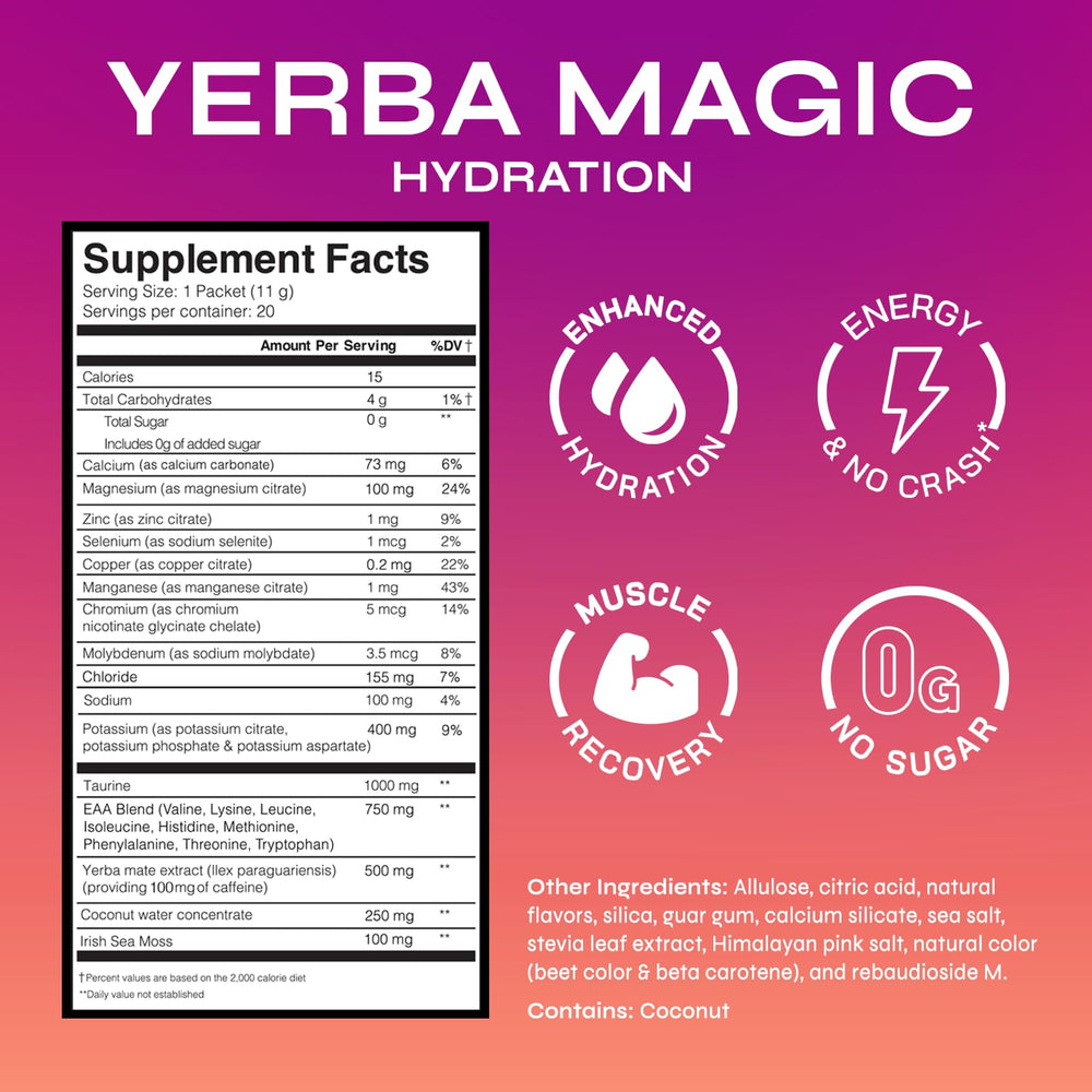 Yerba Magic Hydration Energy Tropical Punch stick pack close-up for portable hydration