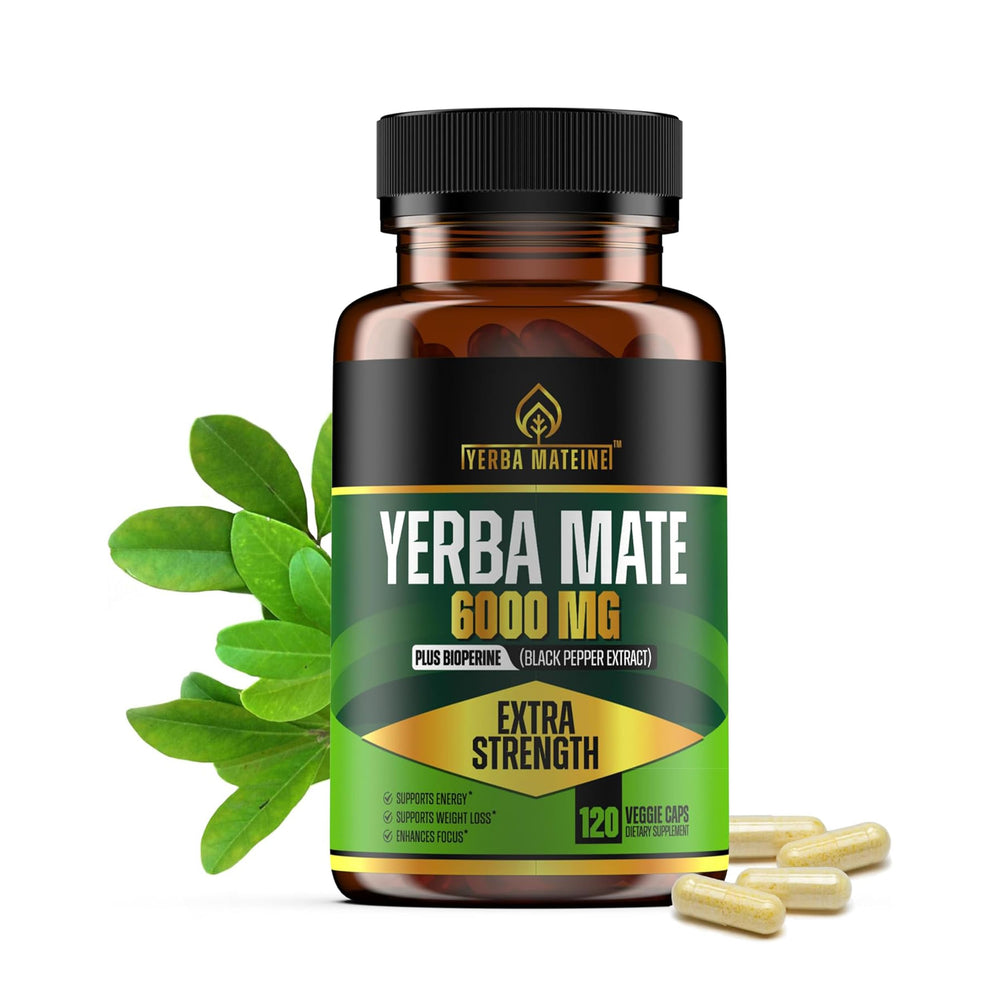 Yerba Mateine 6000mg capsules front view for steady energy
